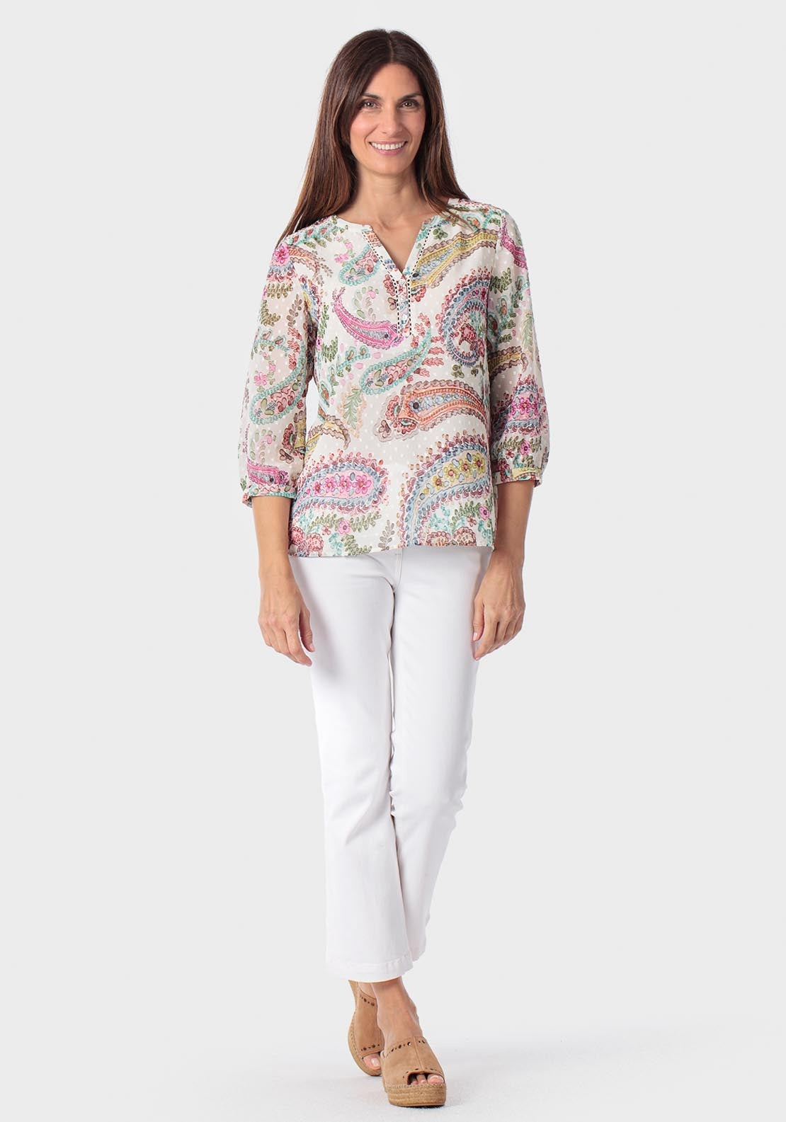 Cashmere Print Loose Fitting Blouse - Beige