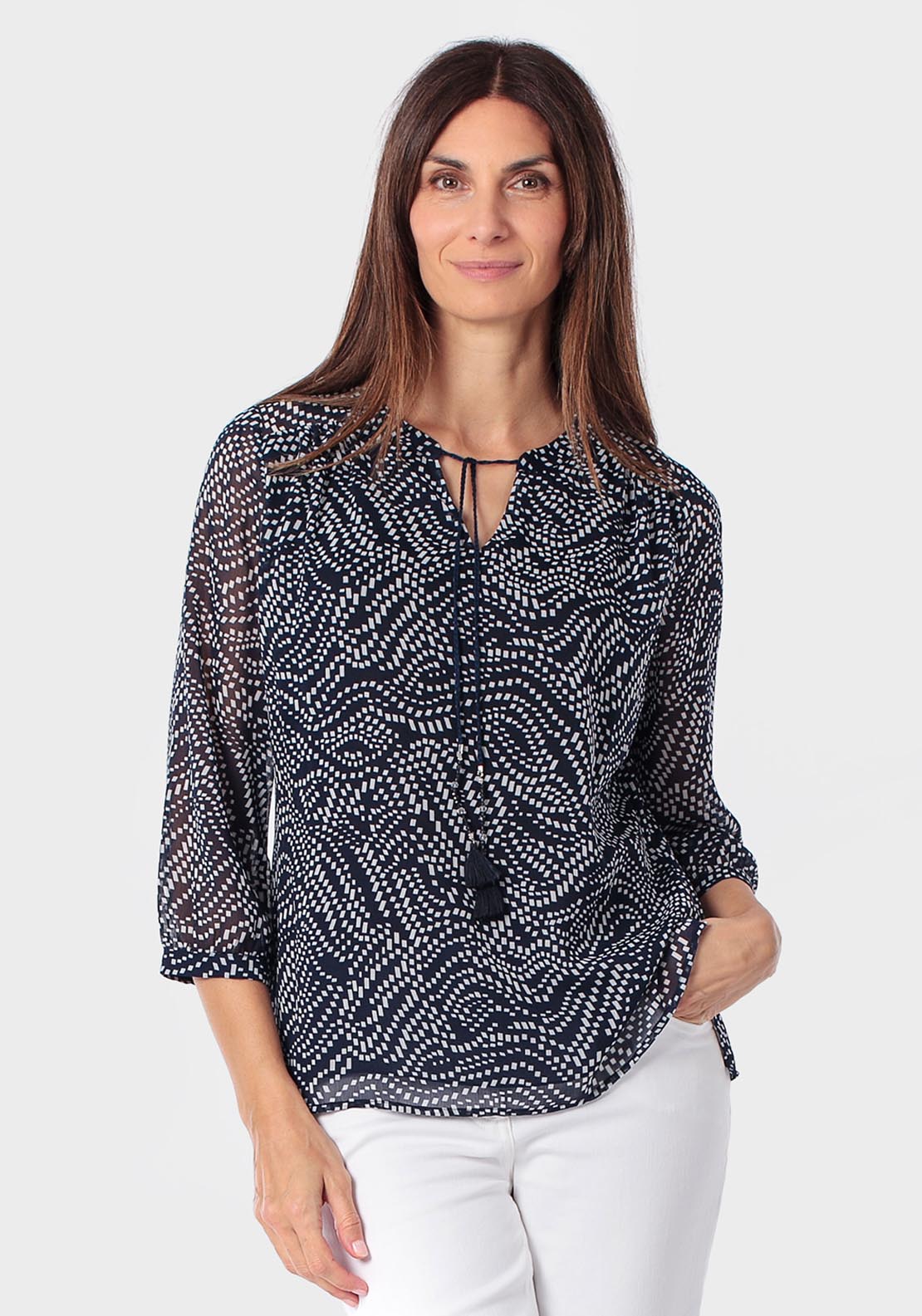 Printed Blouse With Tassel Ties - Blue Navy