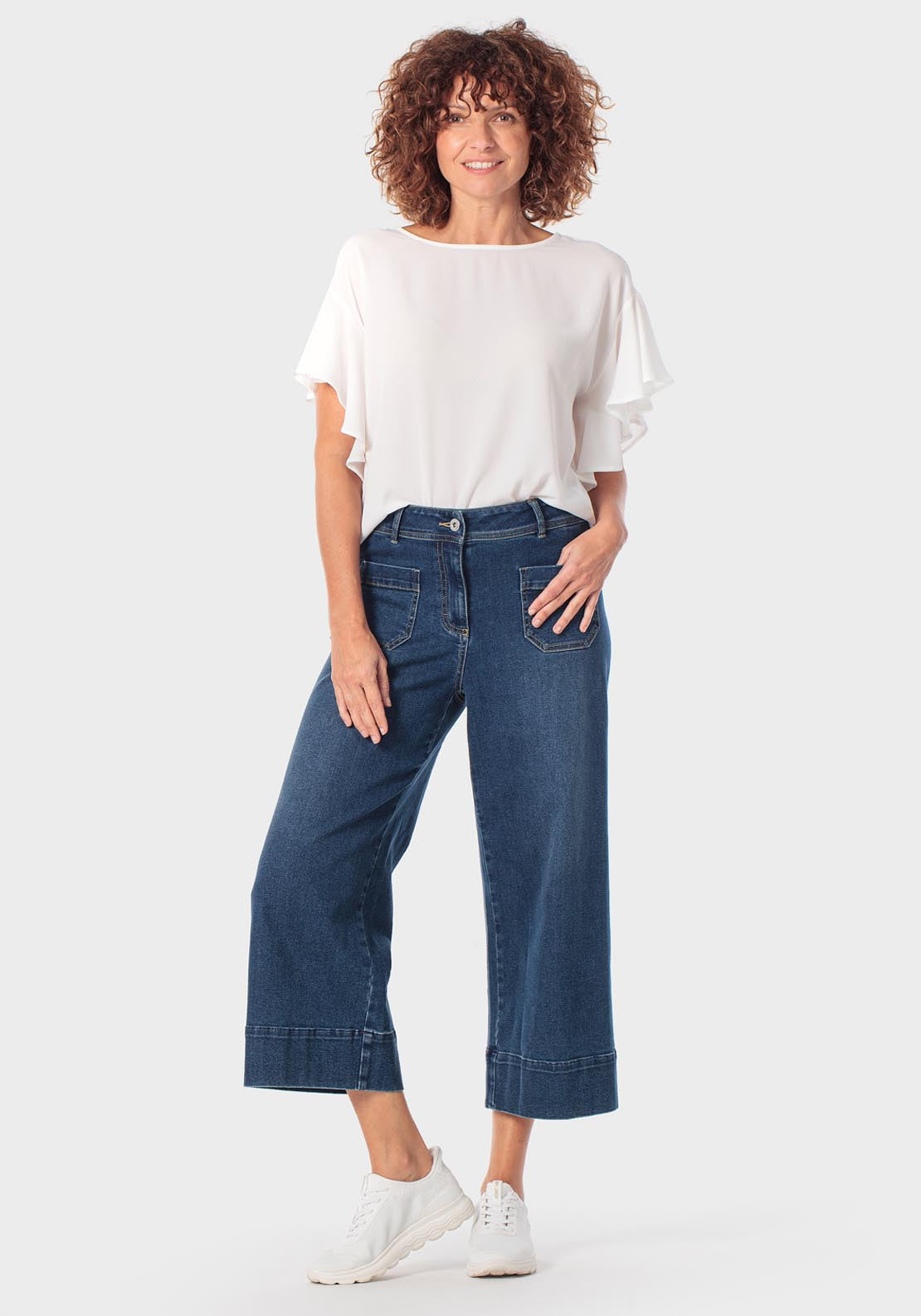 Punt Roma Ruffle Short Sleeve Top - White Talc 3 Shaws Department Stores