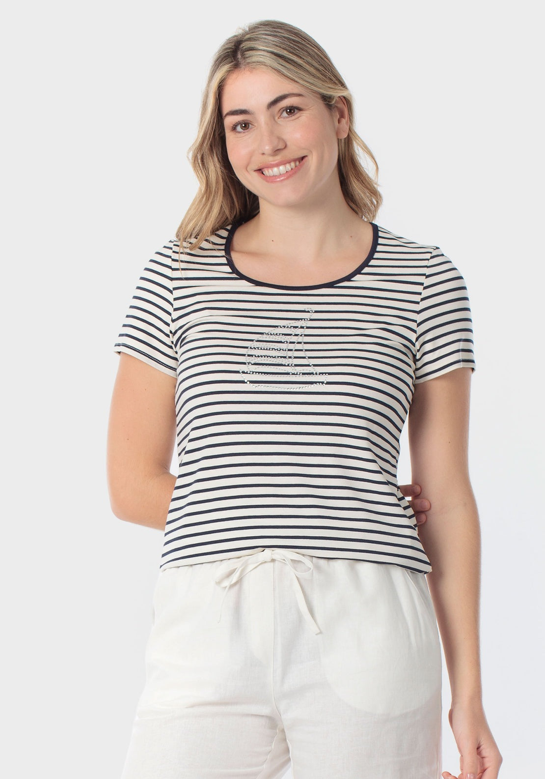 Striped T-Shirt With Gemstone Details - White
