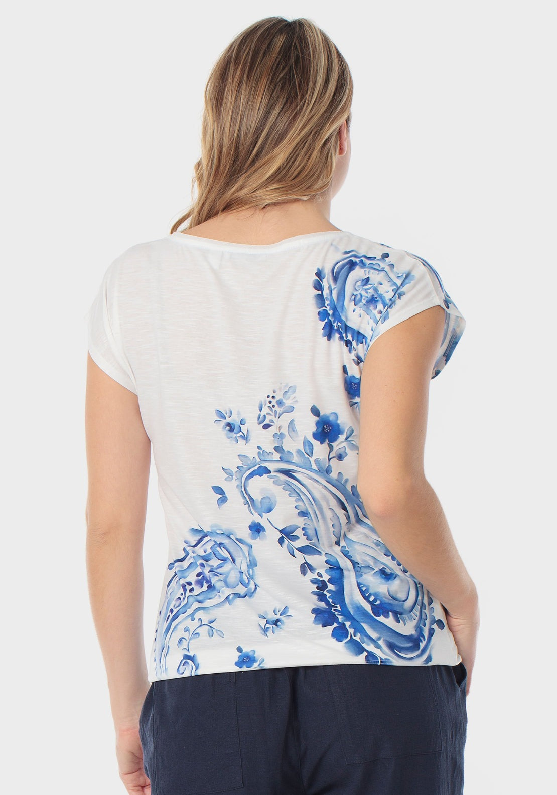 Cashmere Round Neck Print T-Shirt - Blue