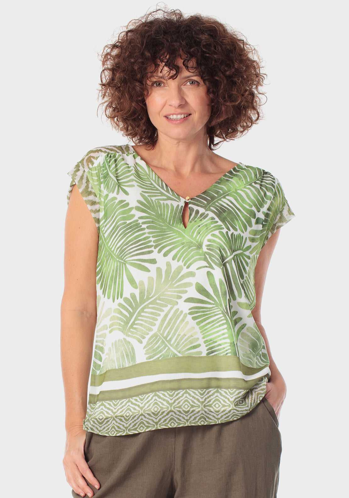 Tropical Keyhole Neckline T-Shirt - Green