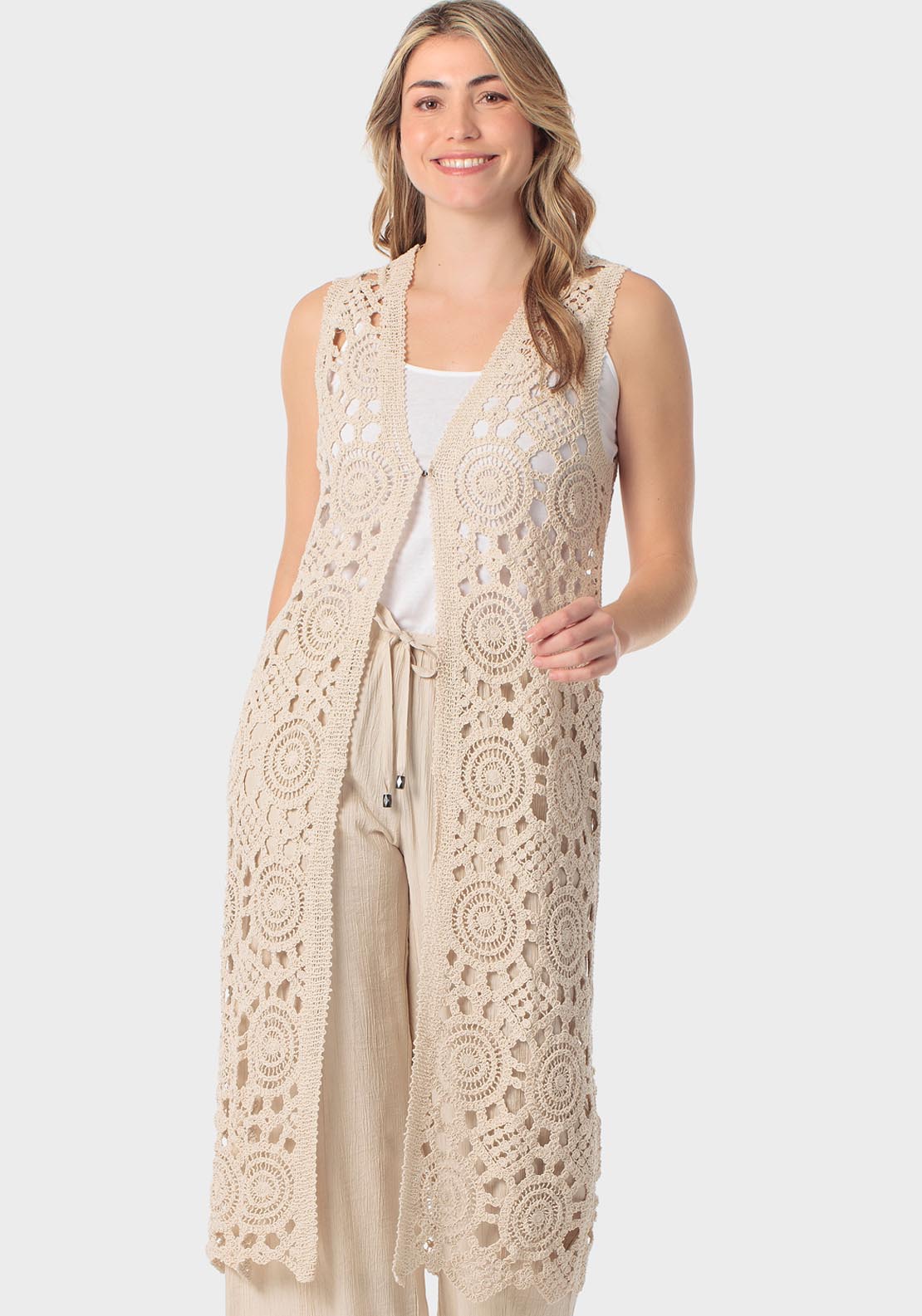 Punt Roma Long Fantasy Waistcoat - Beige 3 Shaws Department Stores