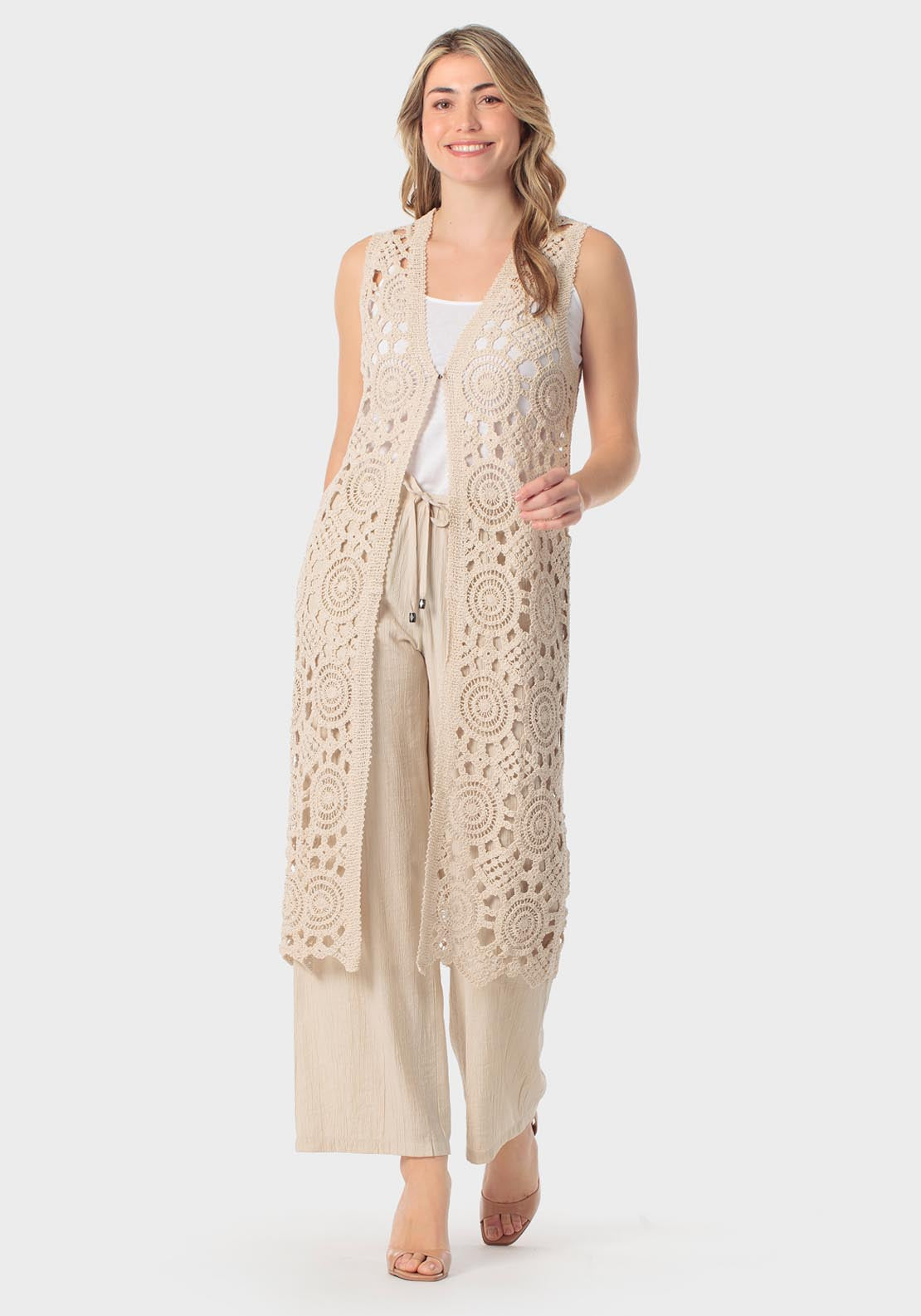 Punt Roma Long Fantasy Waistcoat - Beige 1 Shaws Department Stores