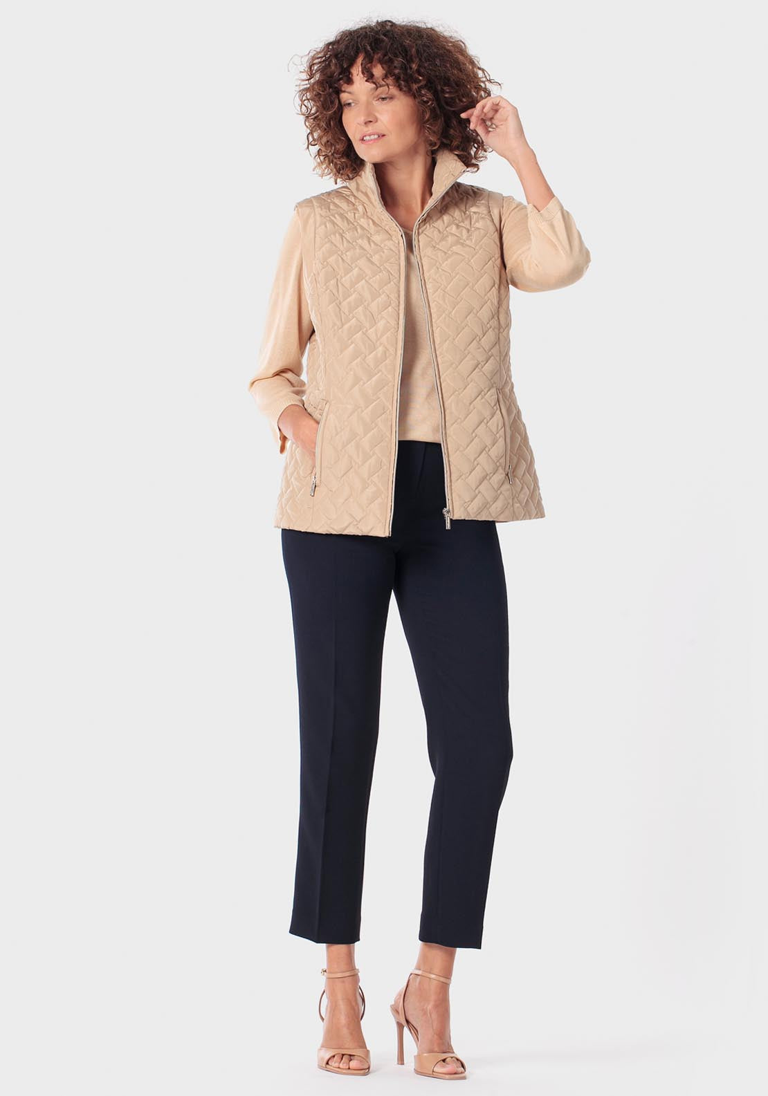 High Neck Padded Waistcoat - Beige