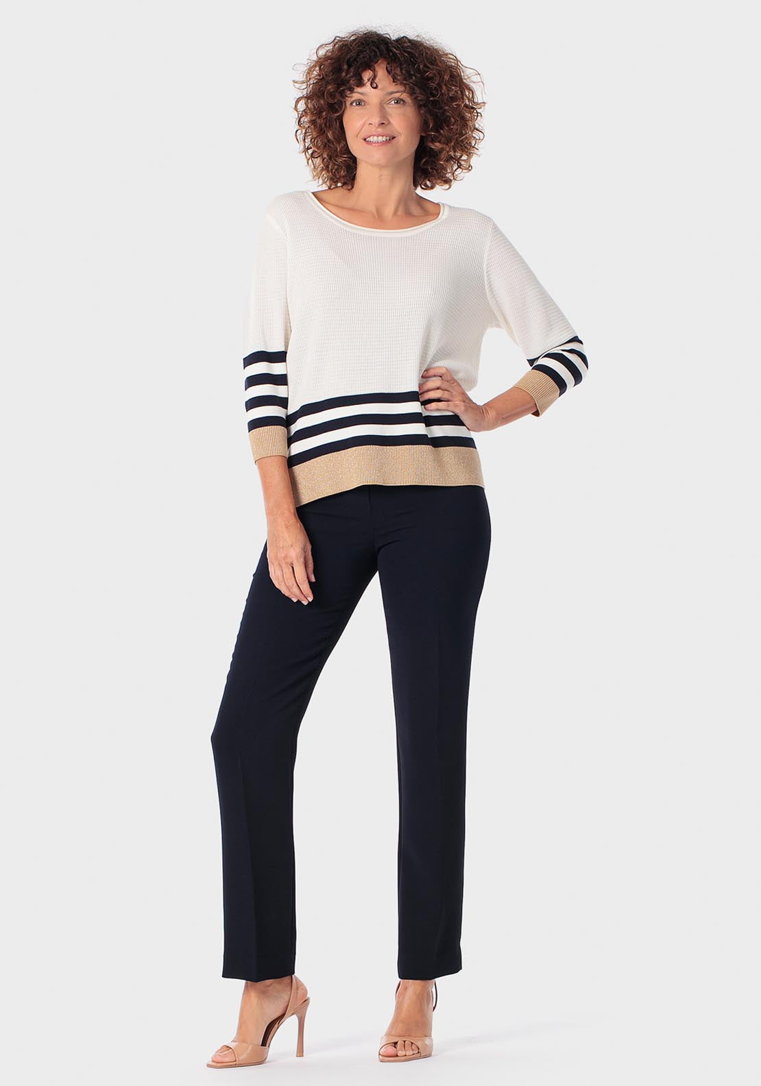 Striped Sweater With Metallic Thread - Beige