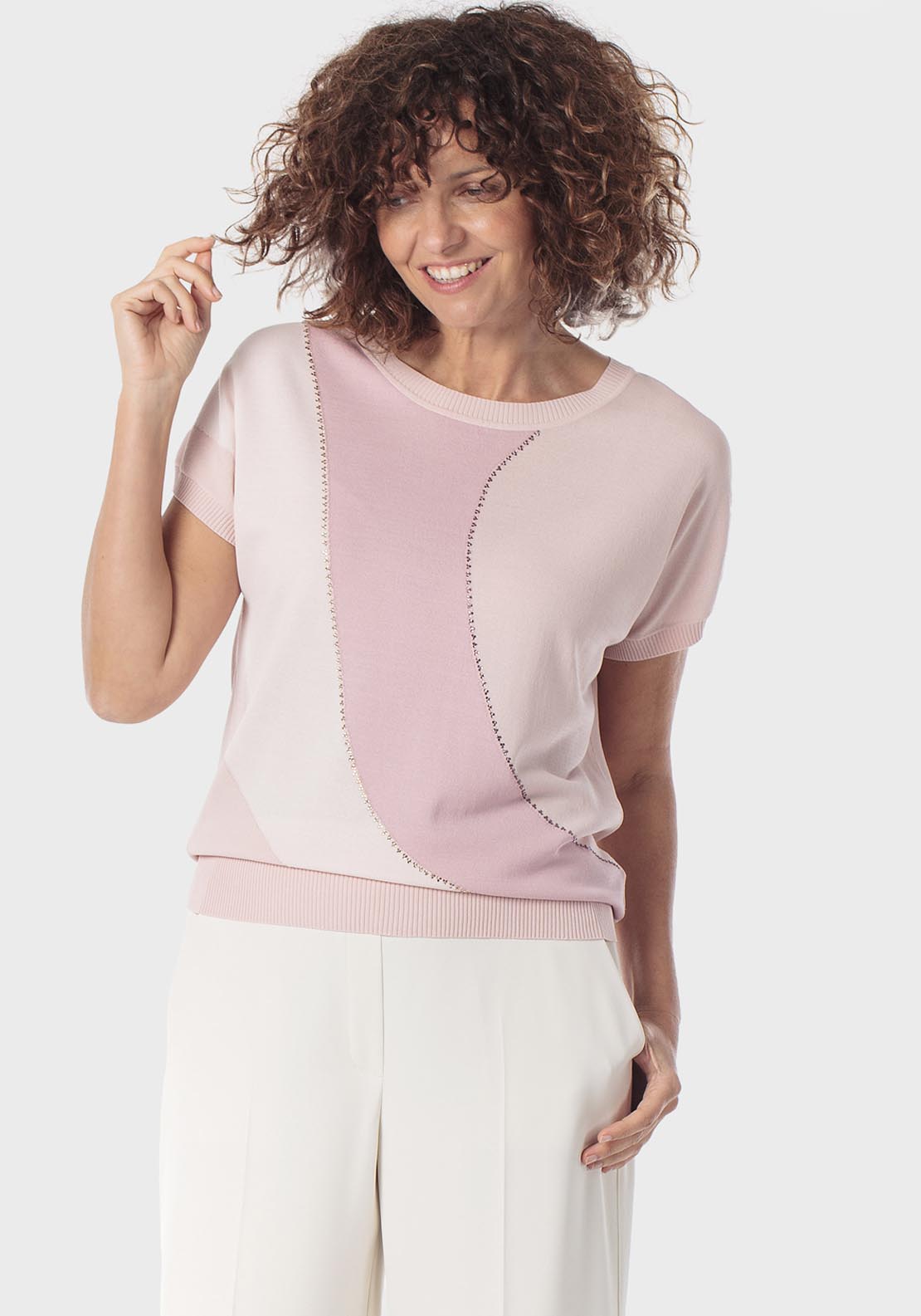 Abstract Rhinestone Intarsia Sweater - Pink Nude