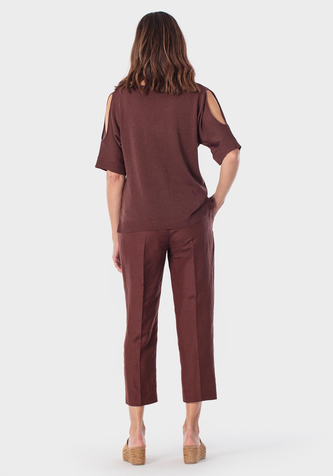 Cold Shoulder Metallic Thread Sweater - Brown