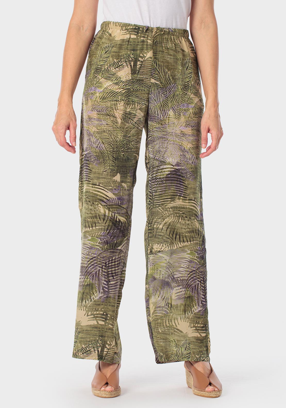 Tropical Print Trousers - Green Khaki
