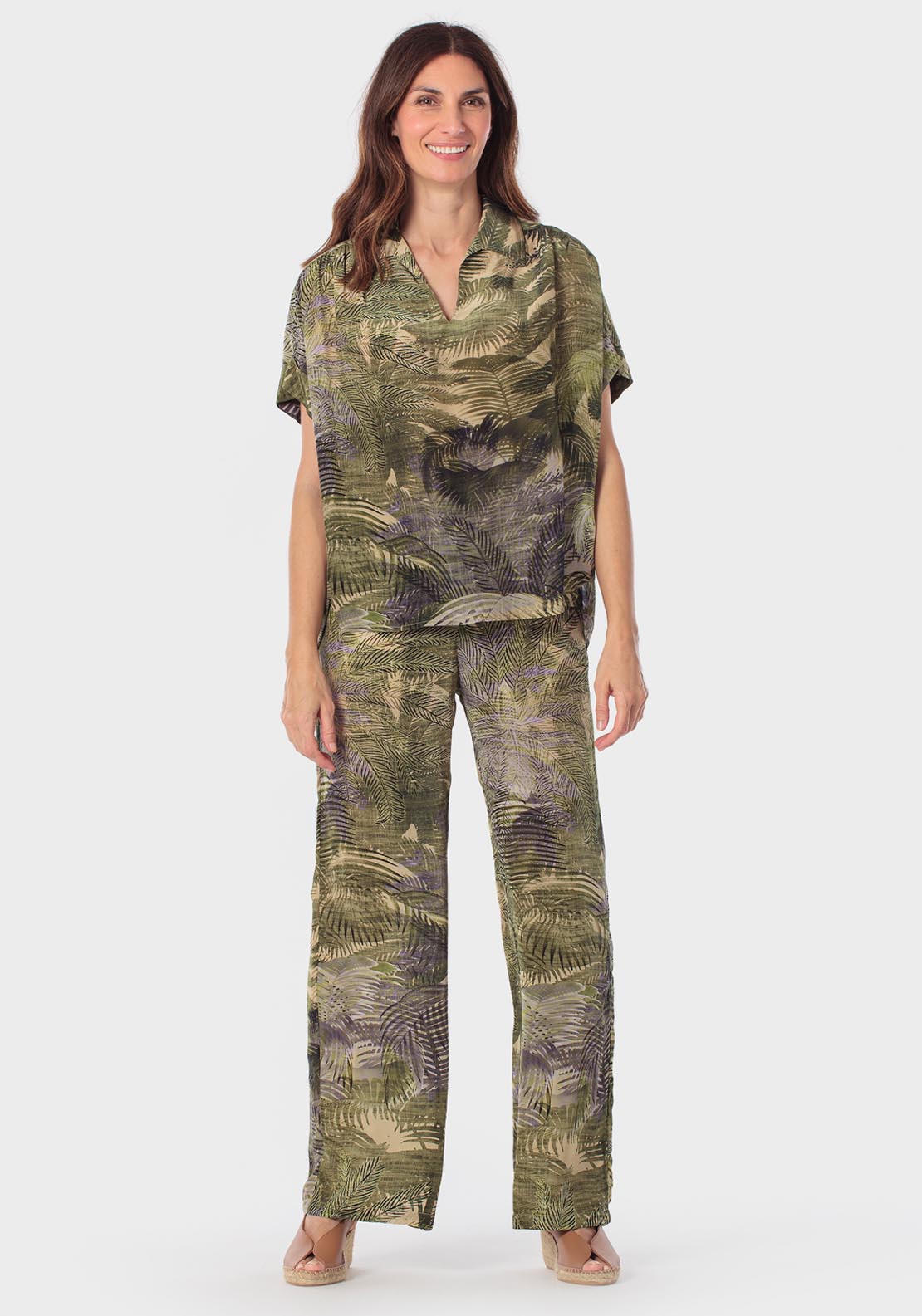 Tropical Print Trousers - Green Khaki