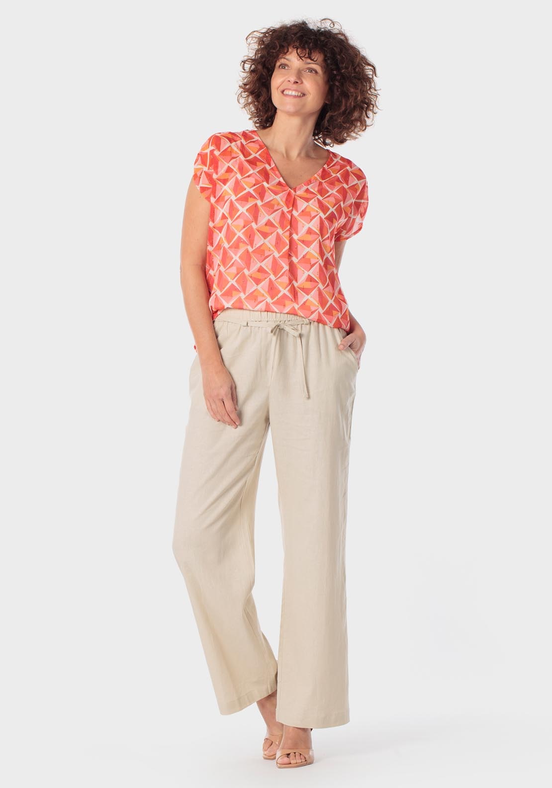 Punt Roma Adjustable Waisted Linen Trousers - Beige 3 Shaws Department Stores