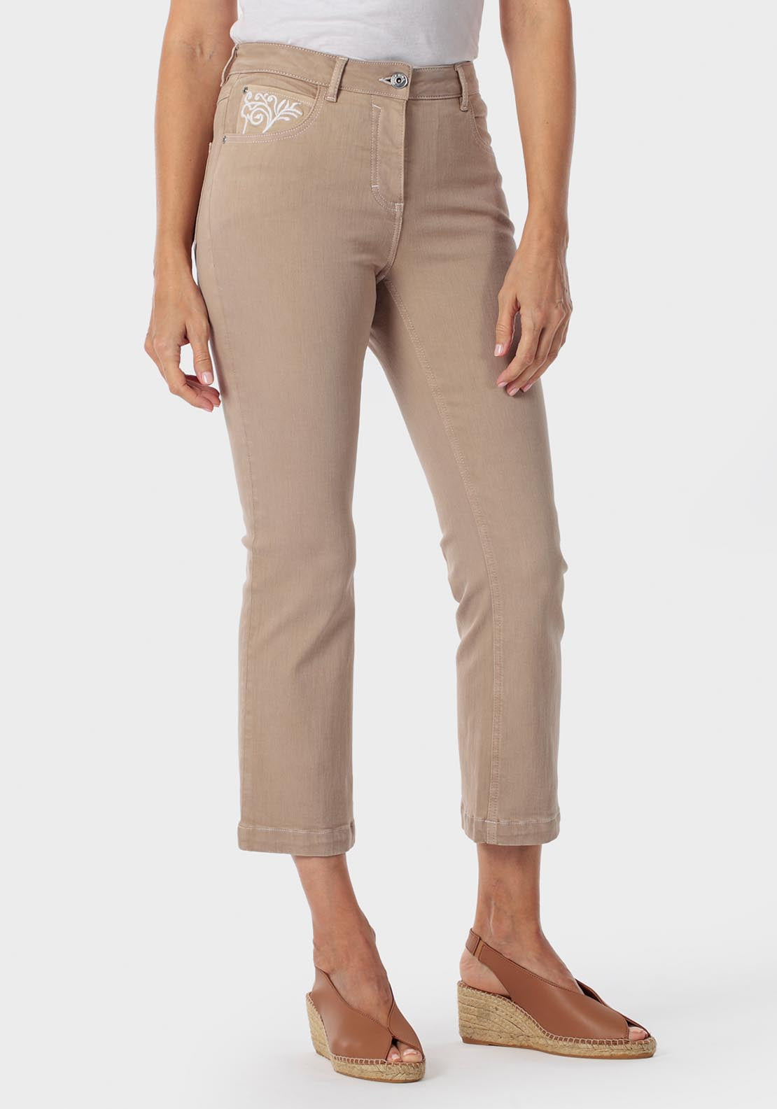 Embroidered Flare Jeans - Beige