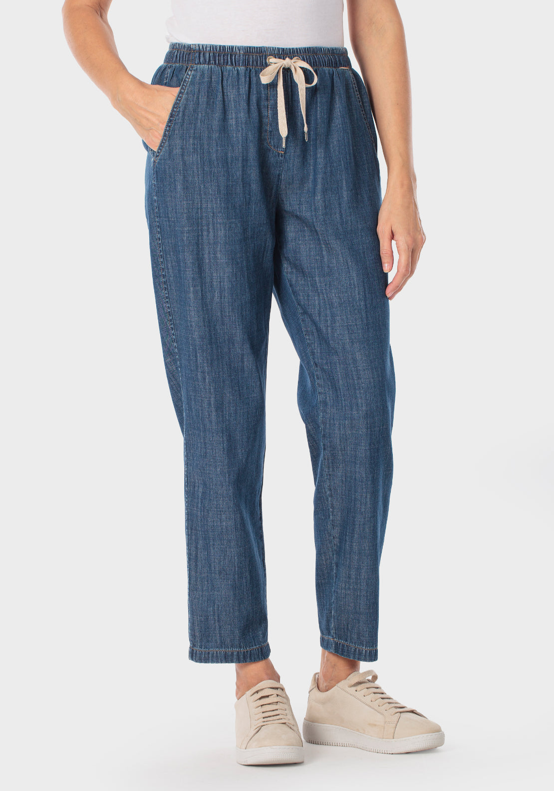 Denim Look Chambray Trousers - Blue Denim