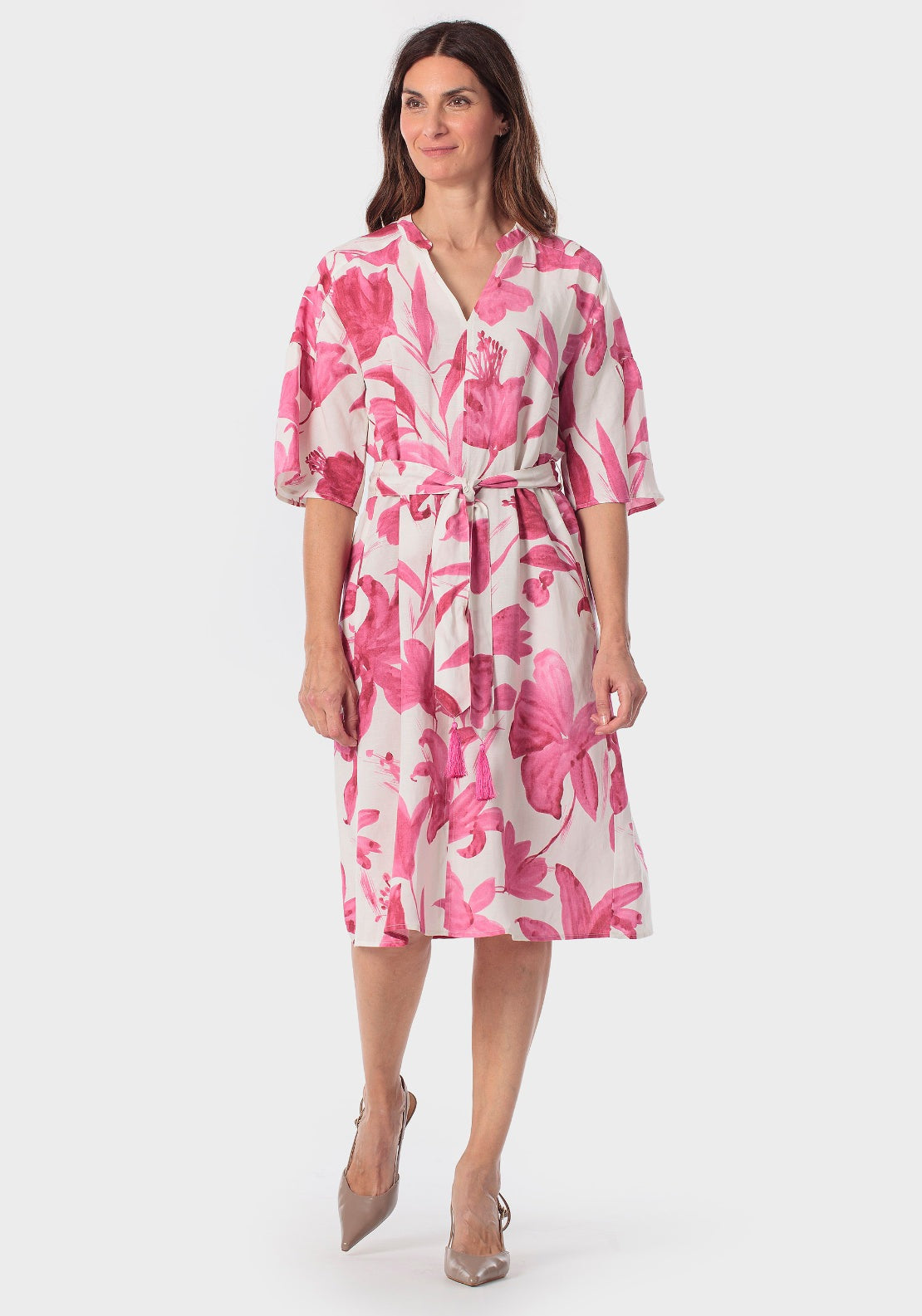 V Neck Printed Dress - Pink