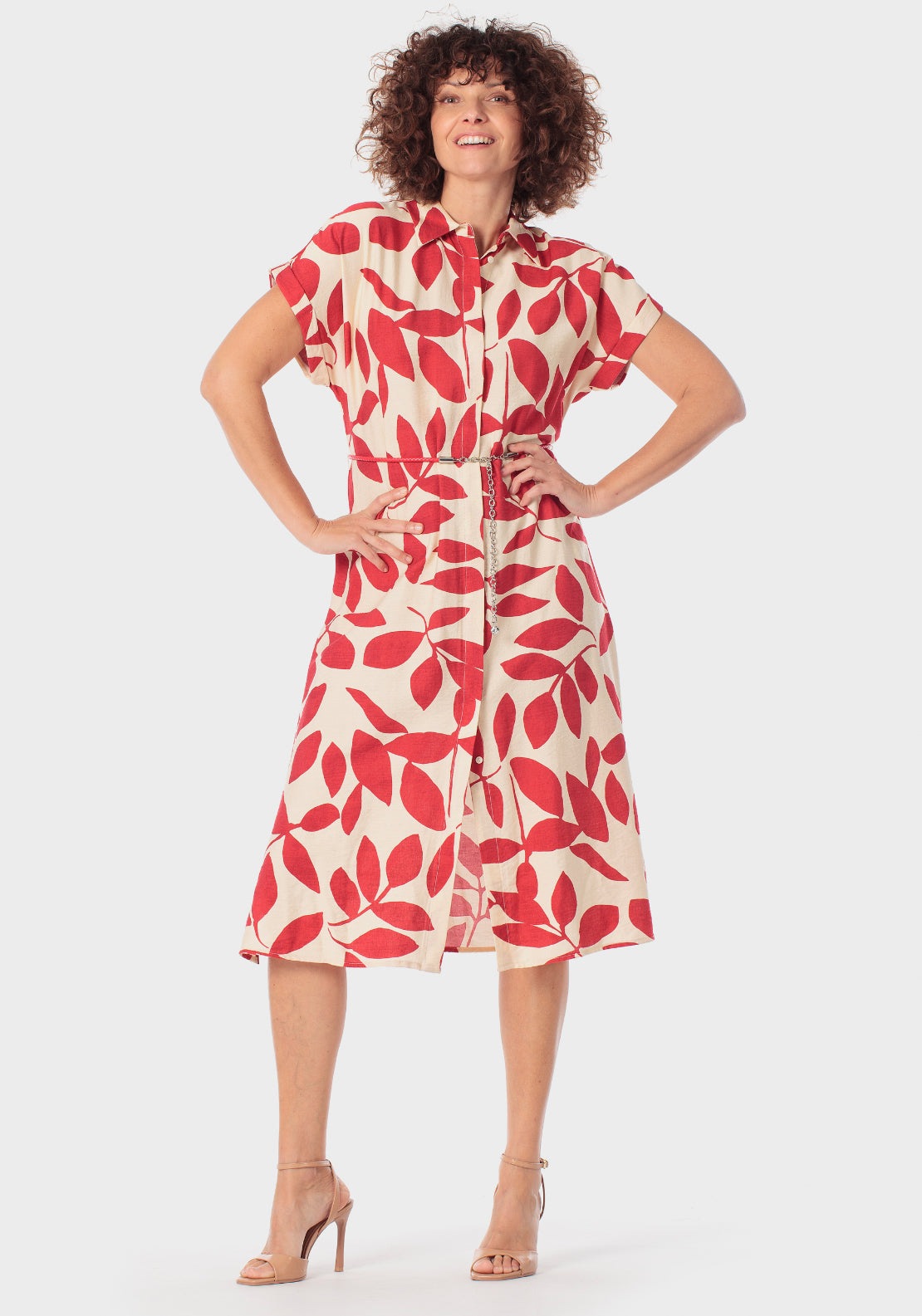 Button Fastening Printed Dress - Red