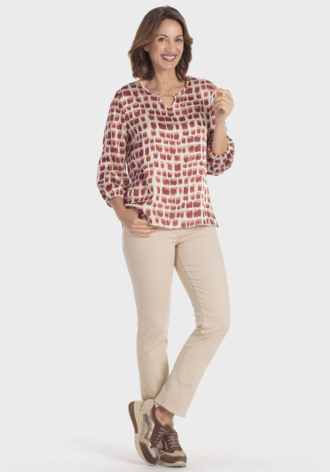 Punt Roma Polka Dot Printed Blouse With Chain Accent - Beige 3 Shaws Department Stores