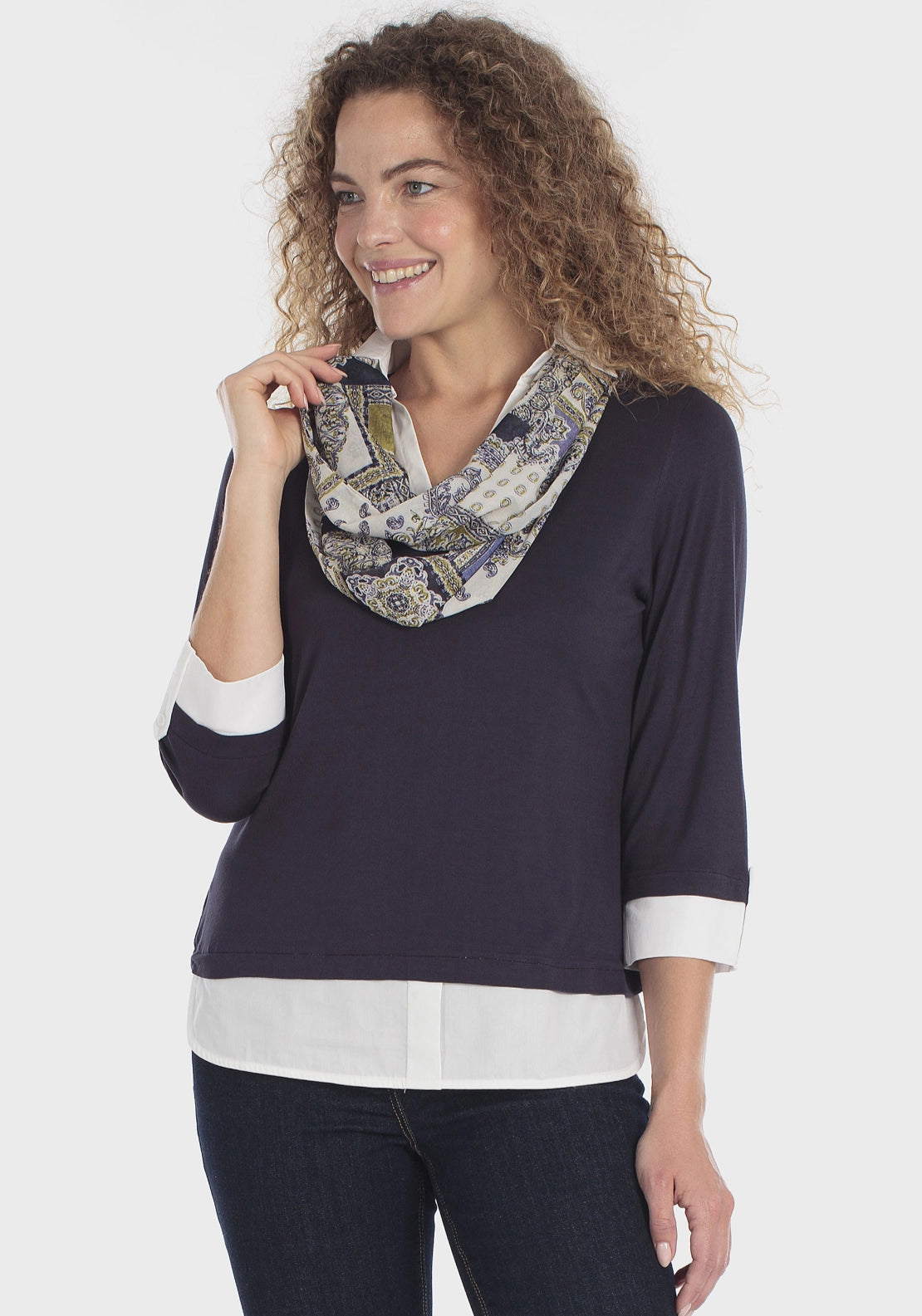 Double Layer Tee With Silk Scarf - Navy