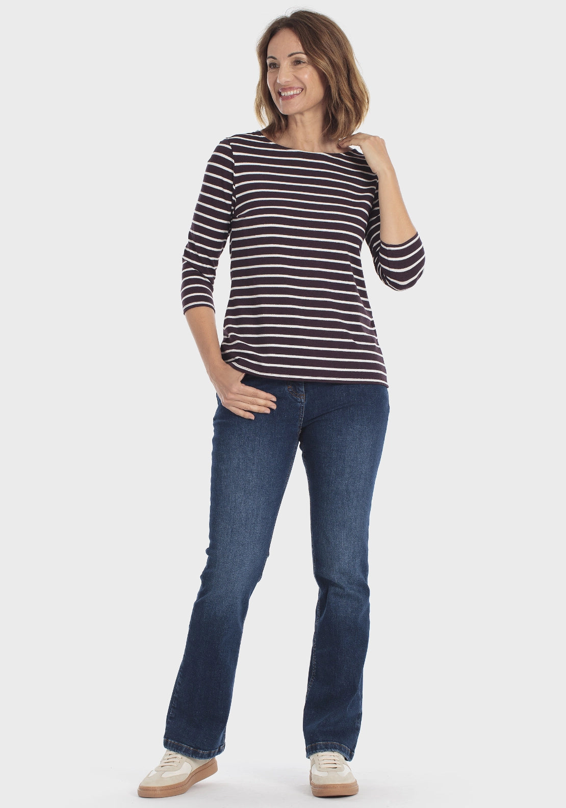 Striped 3/4 Sleeve Crew T-Shirt - Purple Mulberry