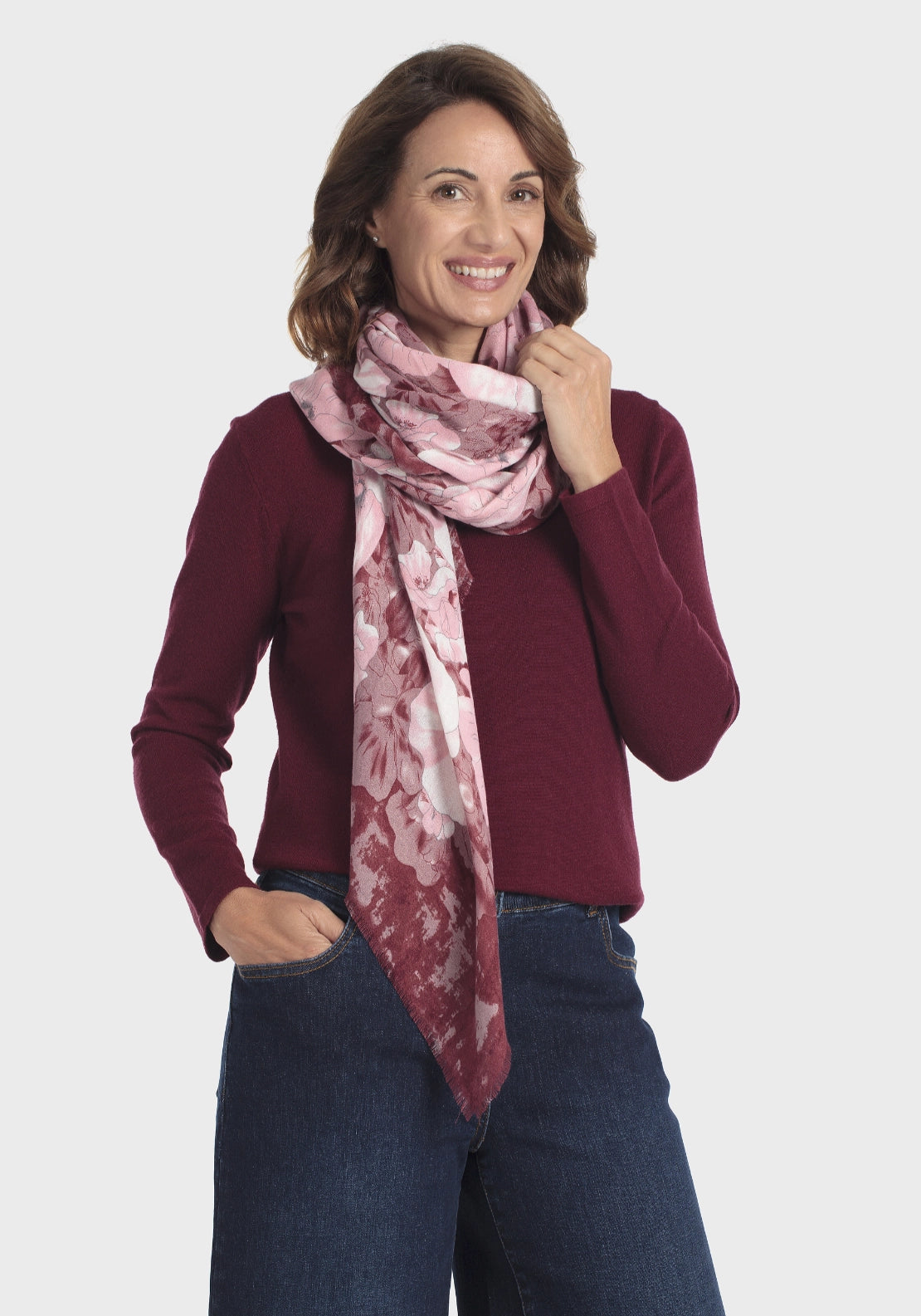 Floral Silk Fringed Scarf - Red