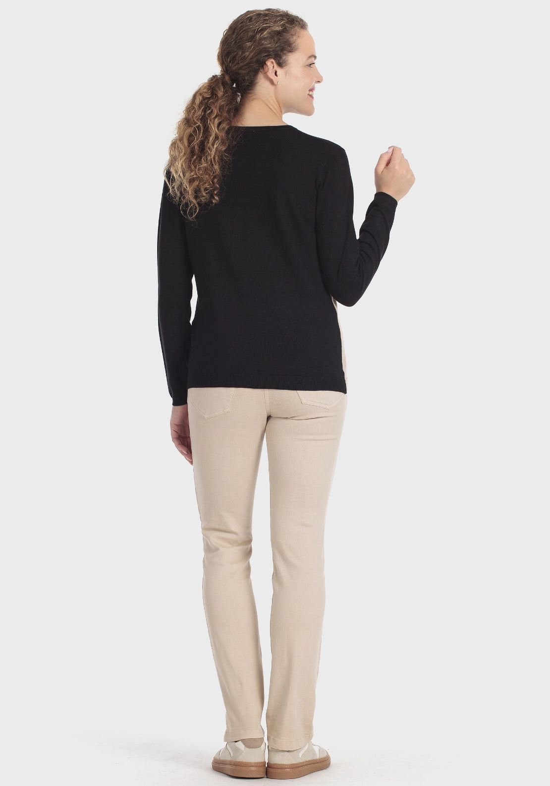 Stripe Print Sweater With Rhinestone - Beige
