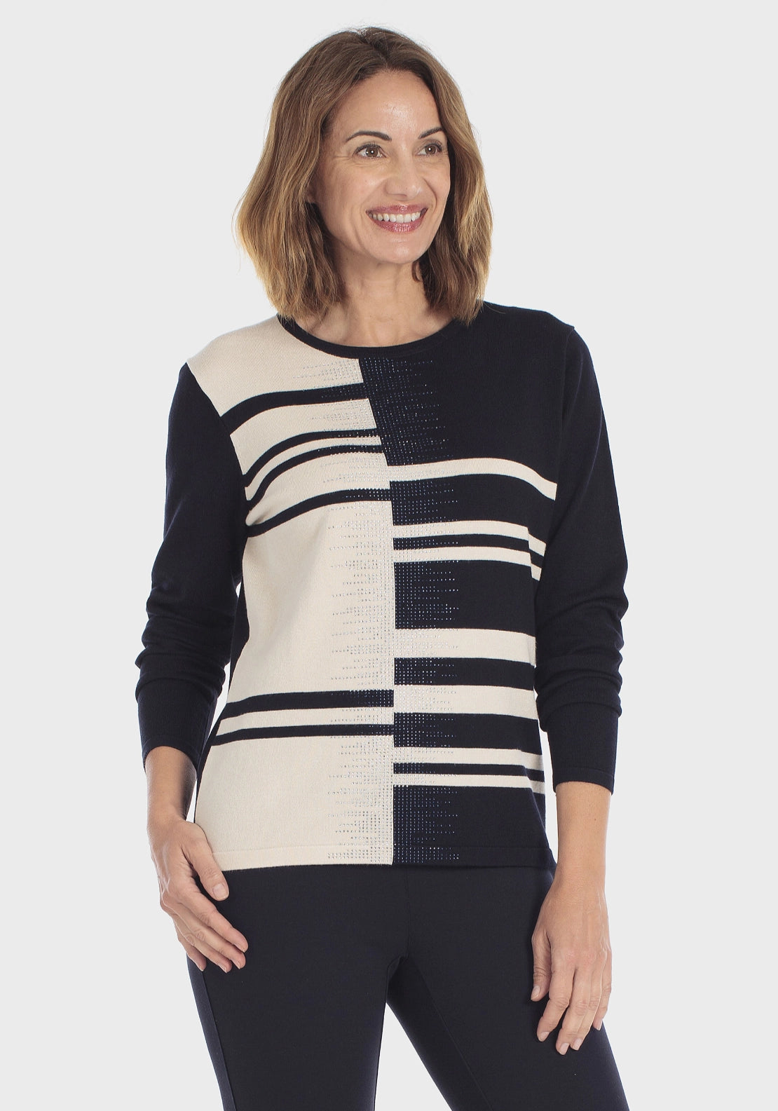 Rhinestone Intarsia Knit Sweater - Navy
