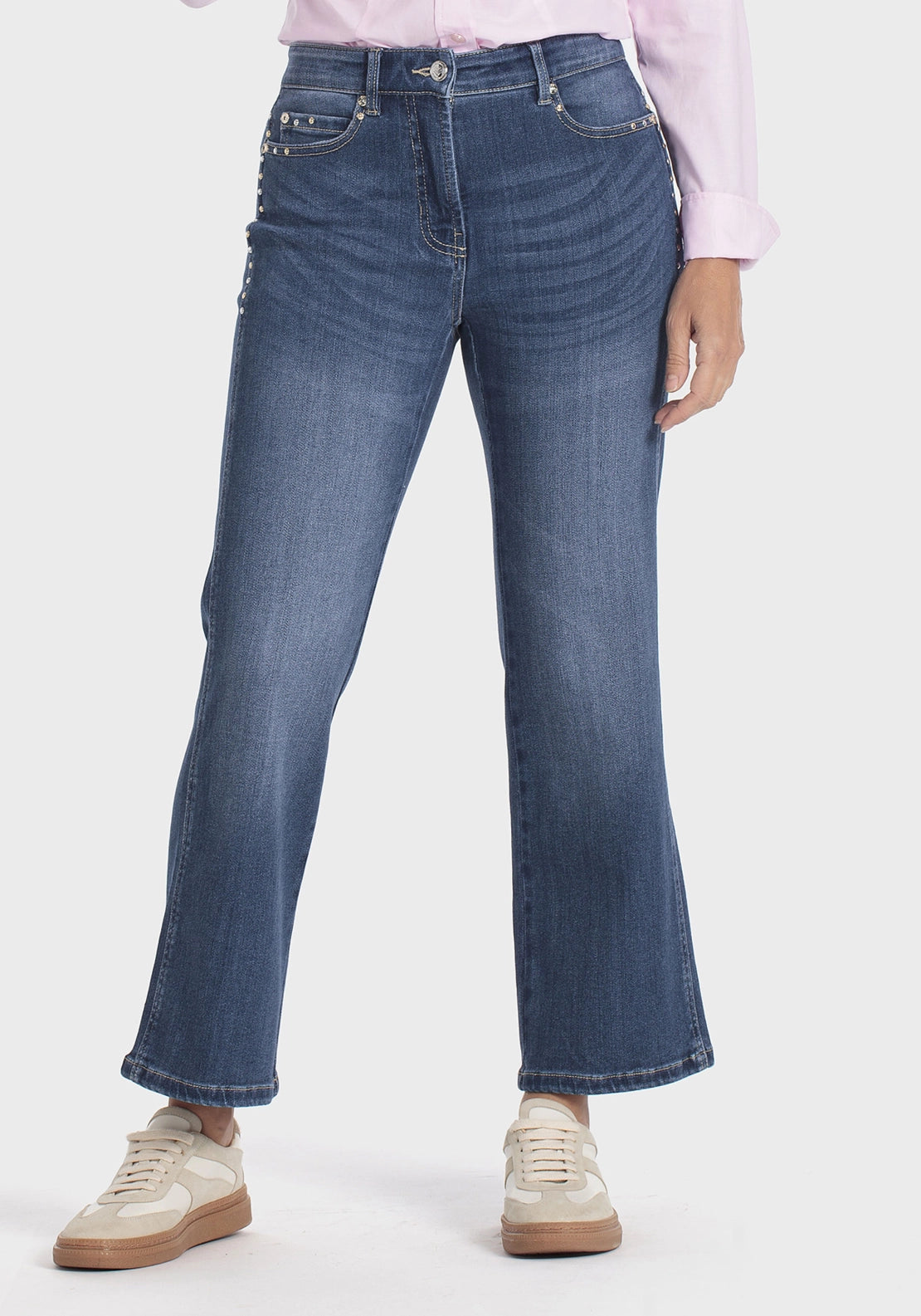 Cropped Denim Trousers With Gemstones - Blue Denim