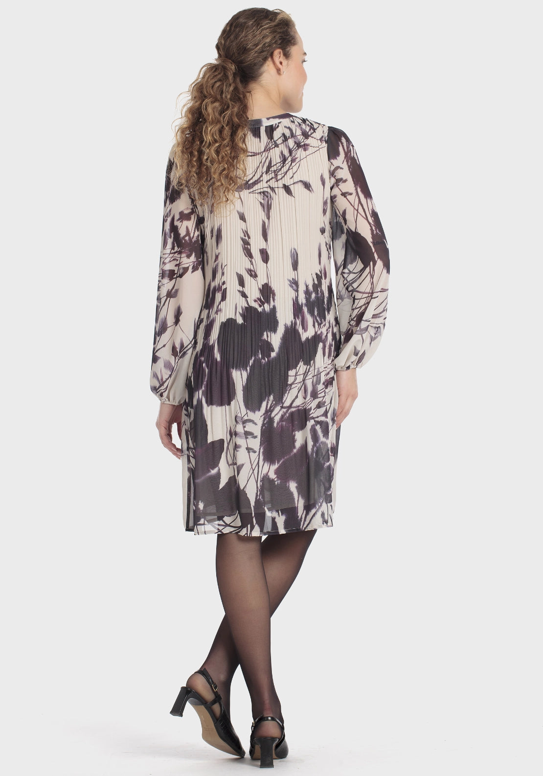 Pleated Printed Dress - Beige