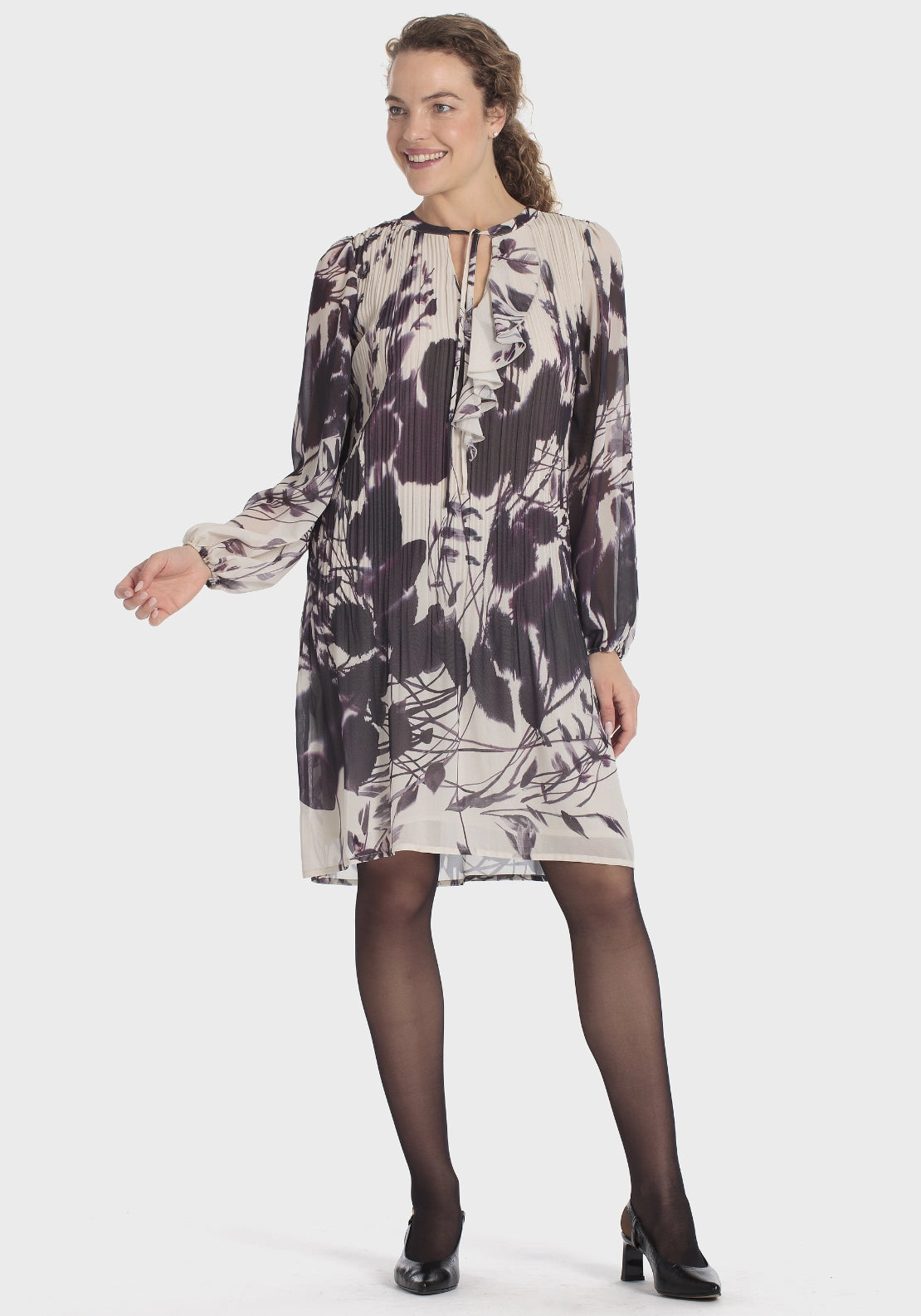 Pleated Printed Dress - Beige