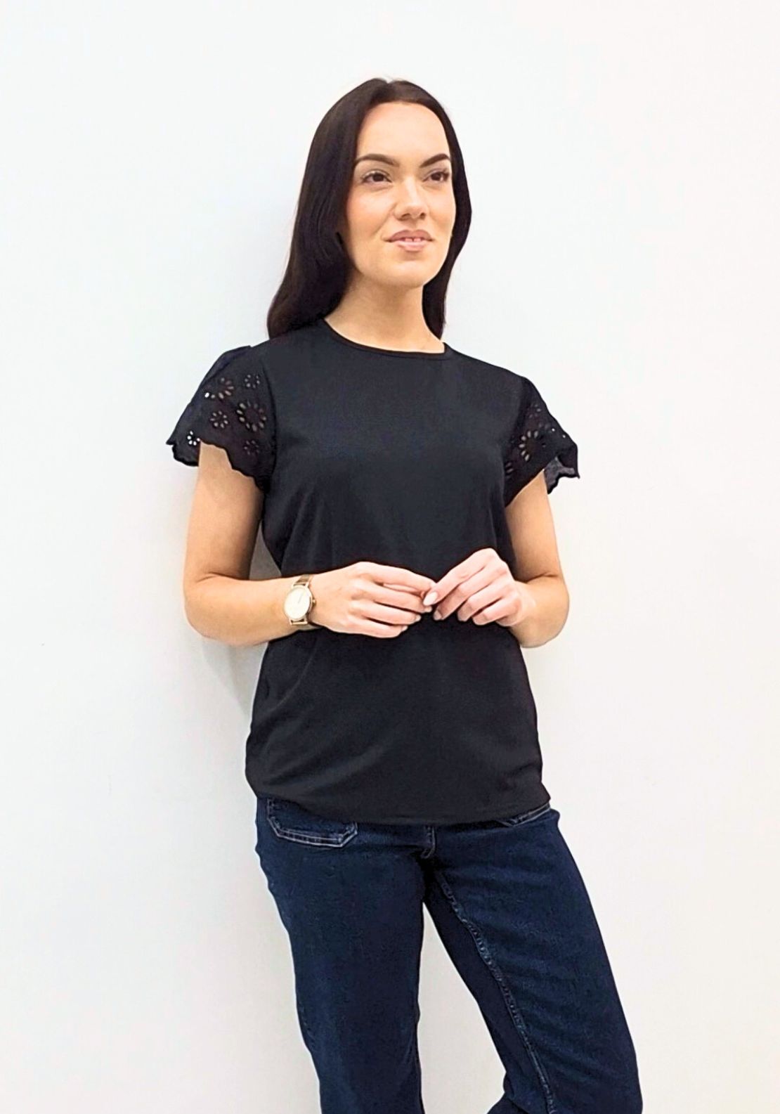 Naoise Short Sleeve Broderie Anglaise Top - Black 1 Shaws Department Stores