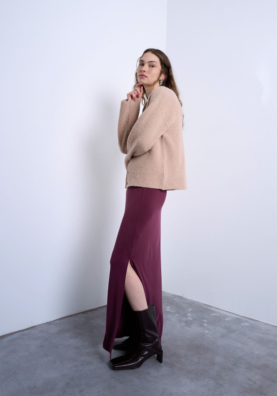 Topshop Josie Ruched Maxi Skirt - Burgundy 3 Shaws Department Stores