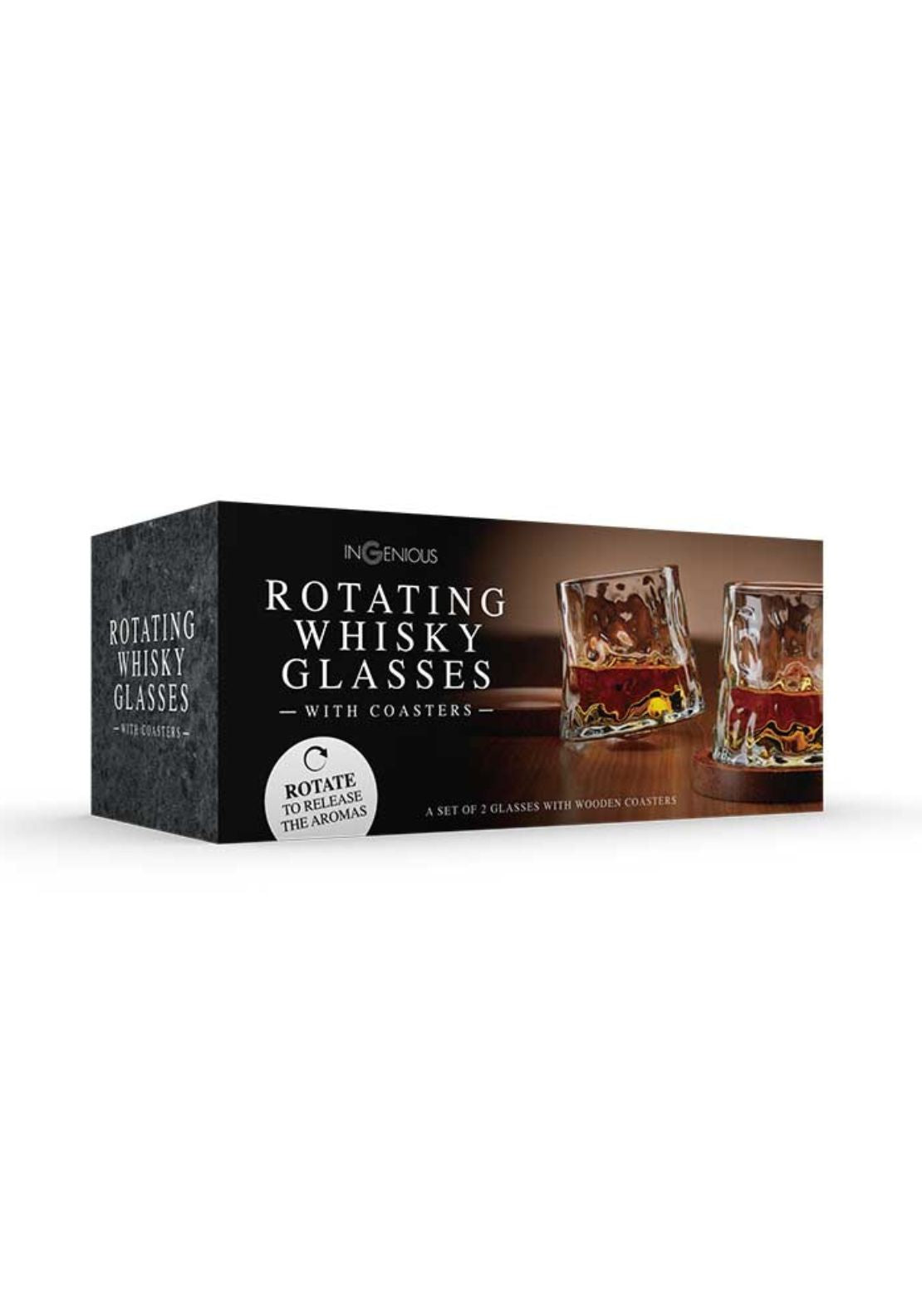 Rotating Whisky Glasses with Coasters – Set of 2