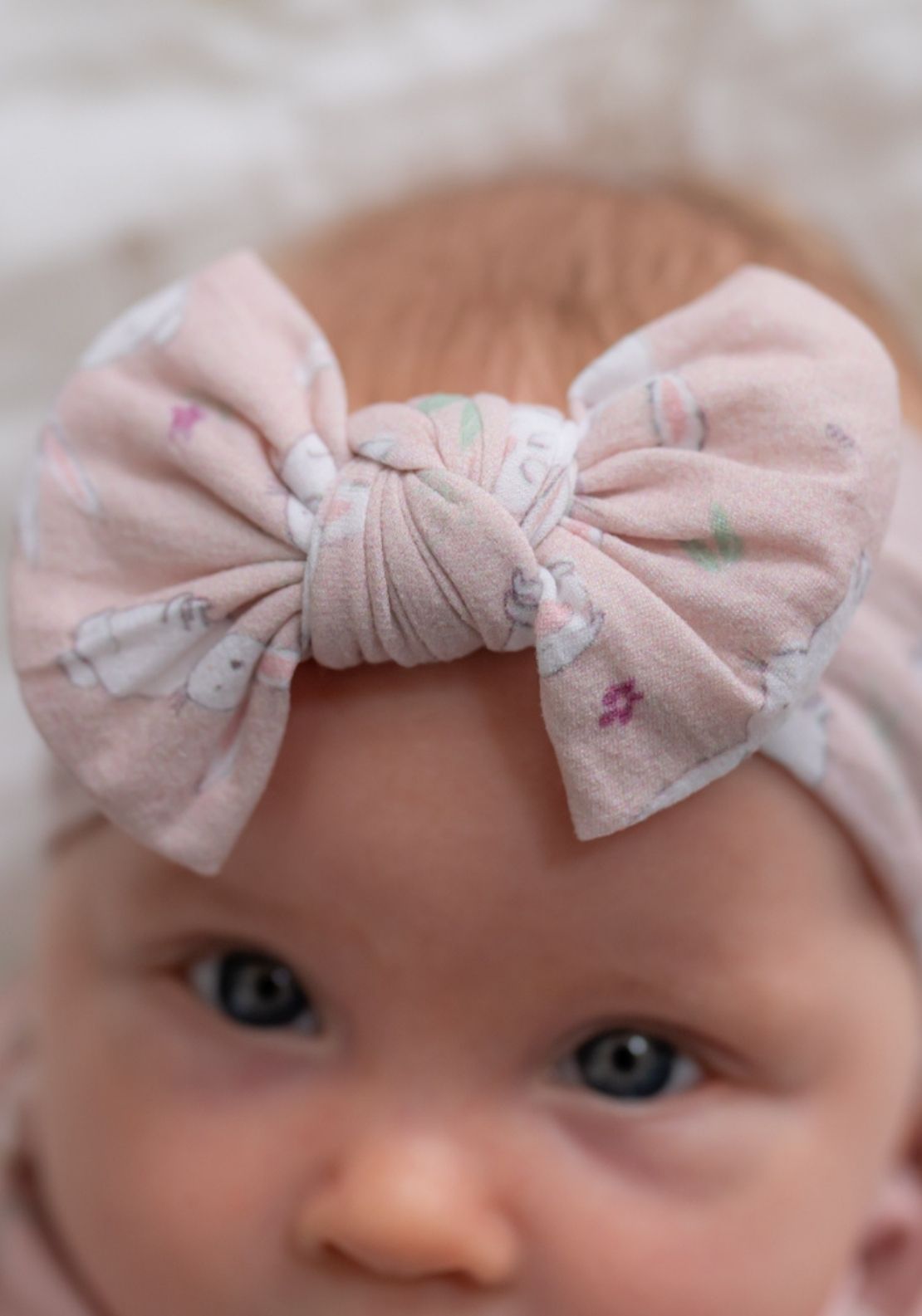 Bunny Print Top Bow Turban Headband - Pink / White