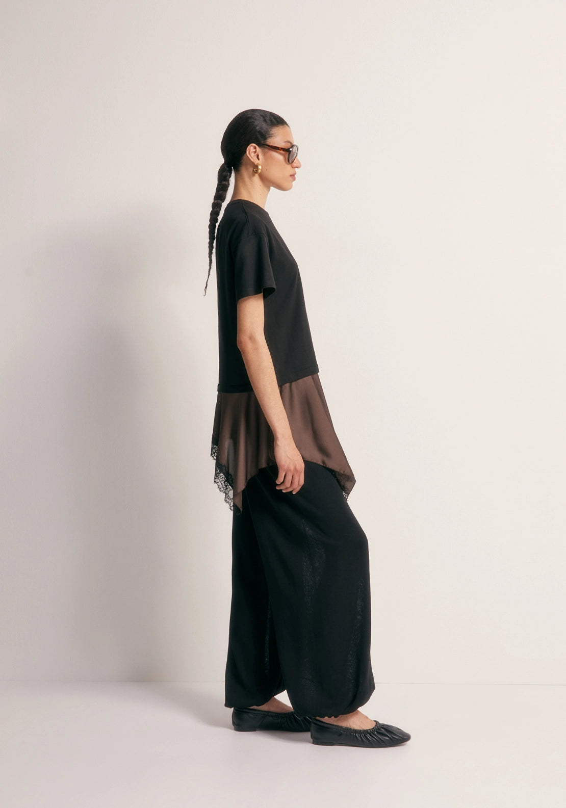Mixed-Fabric Lace T-Shirt - Black