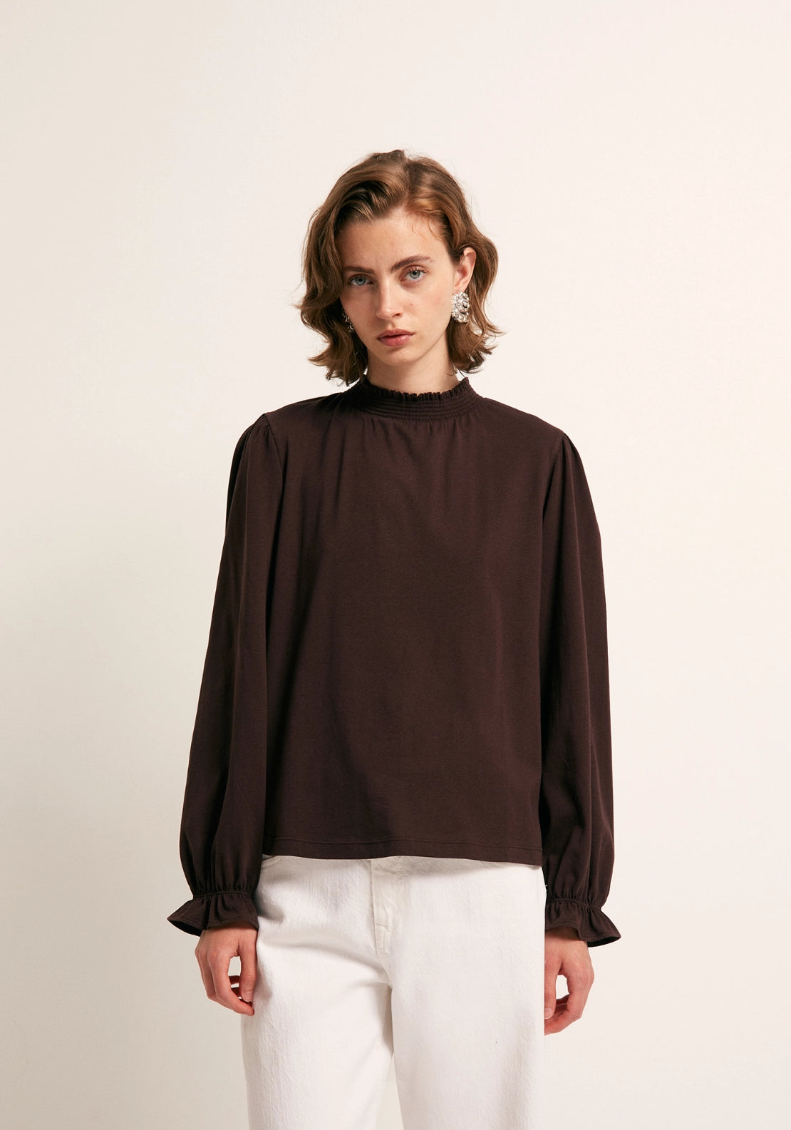 Solid Colour Smock Neck Top - Brown