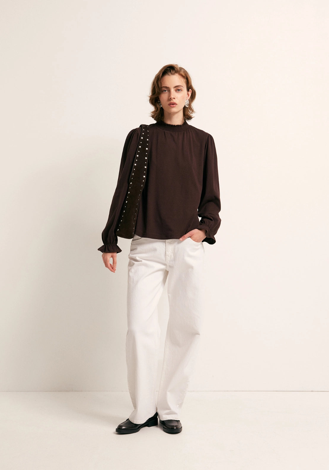 Solid Colour Smock Neck Top - Brown
