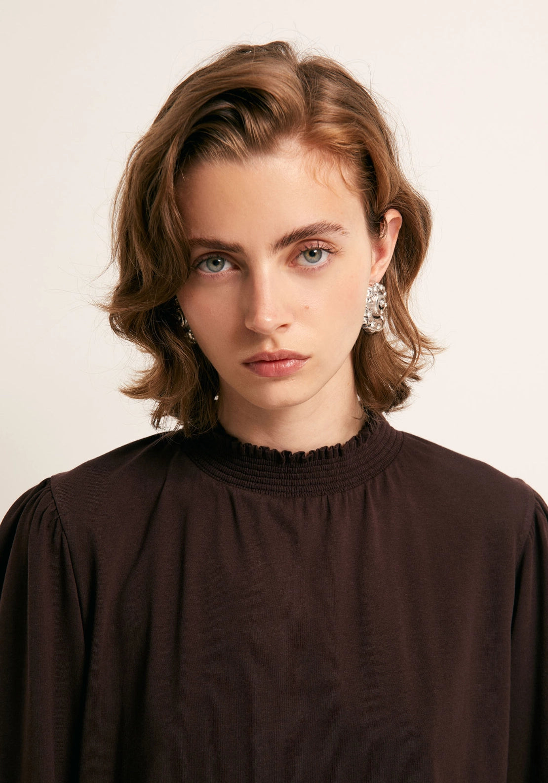 Solid Colour Smock Neck Top - Brown
