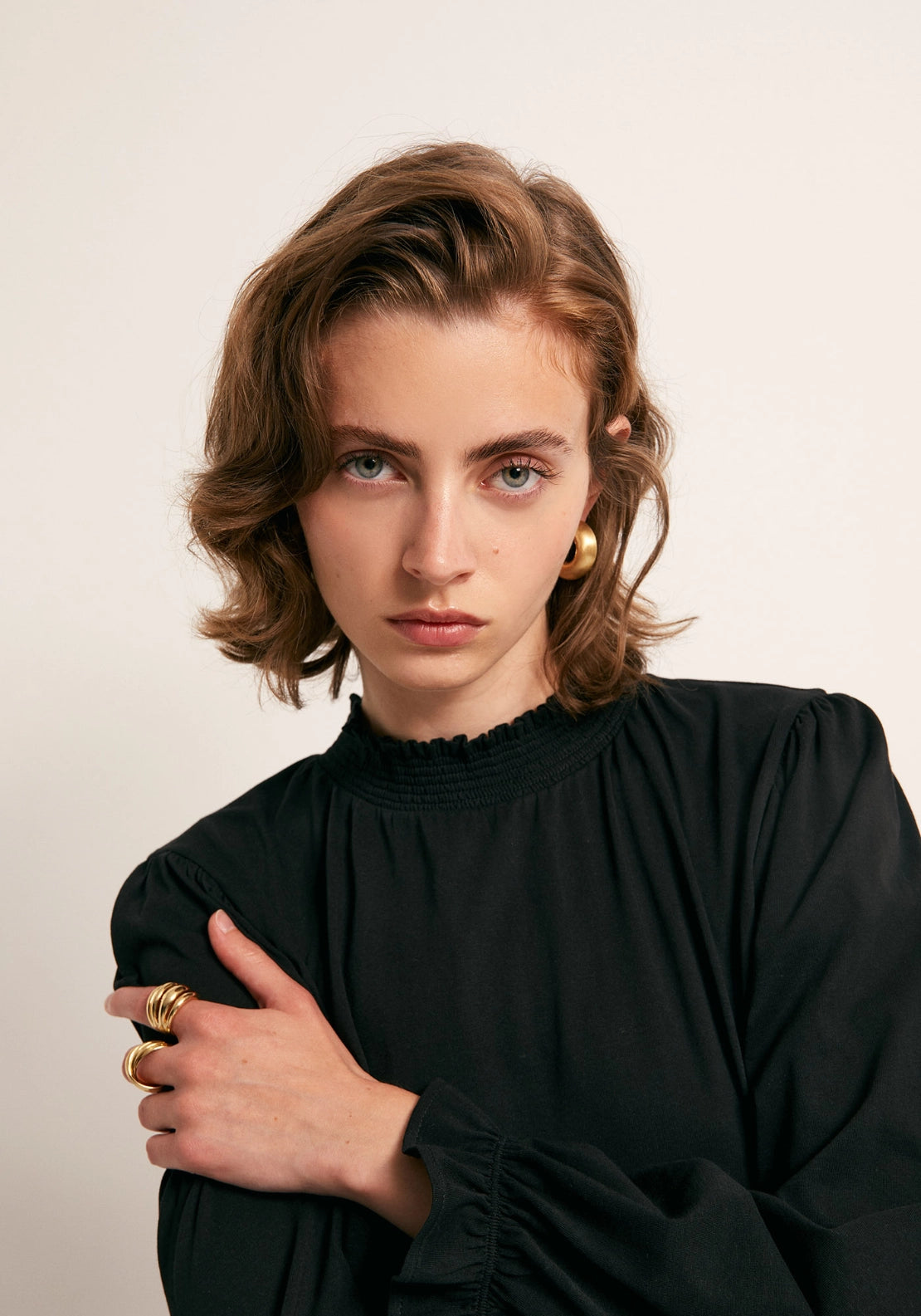Solid Colour Smock Neck Top - Black