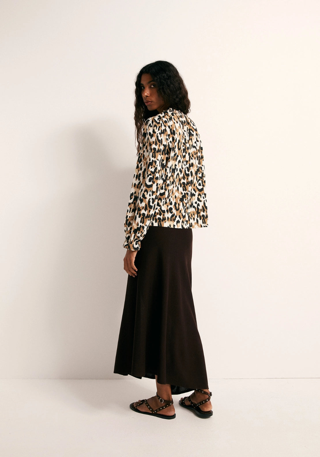 Printed Ruffle Cuff Top - Brown