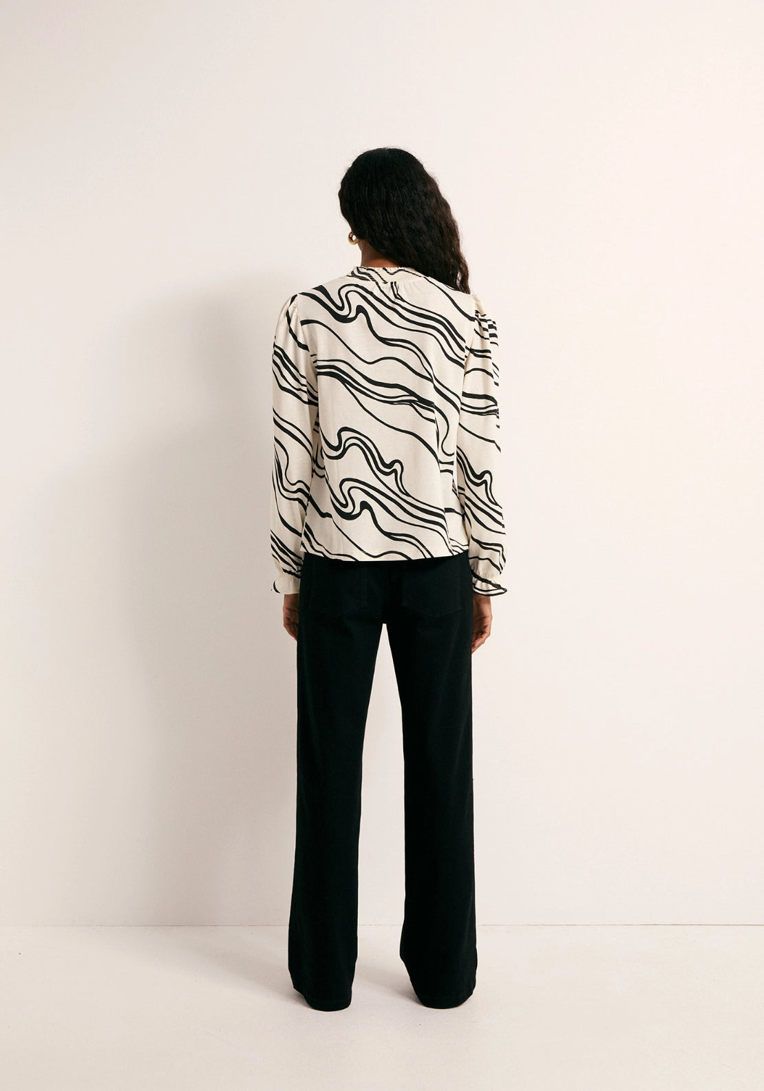 Printed Ruffle Cuff Top - Cream