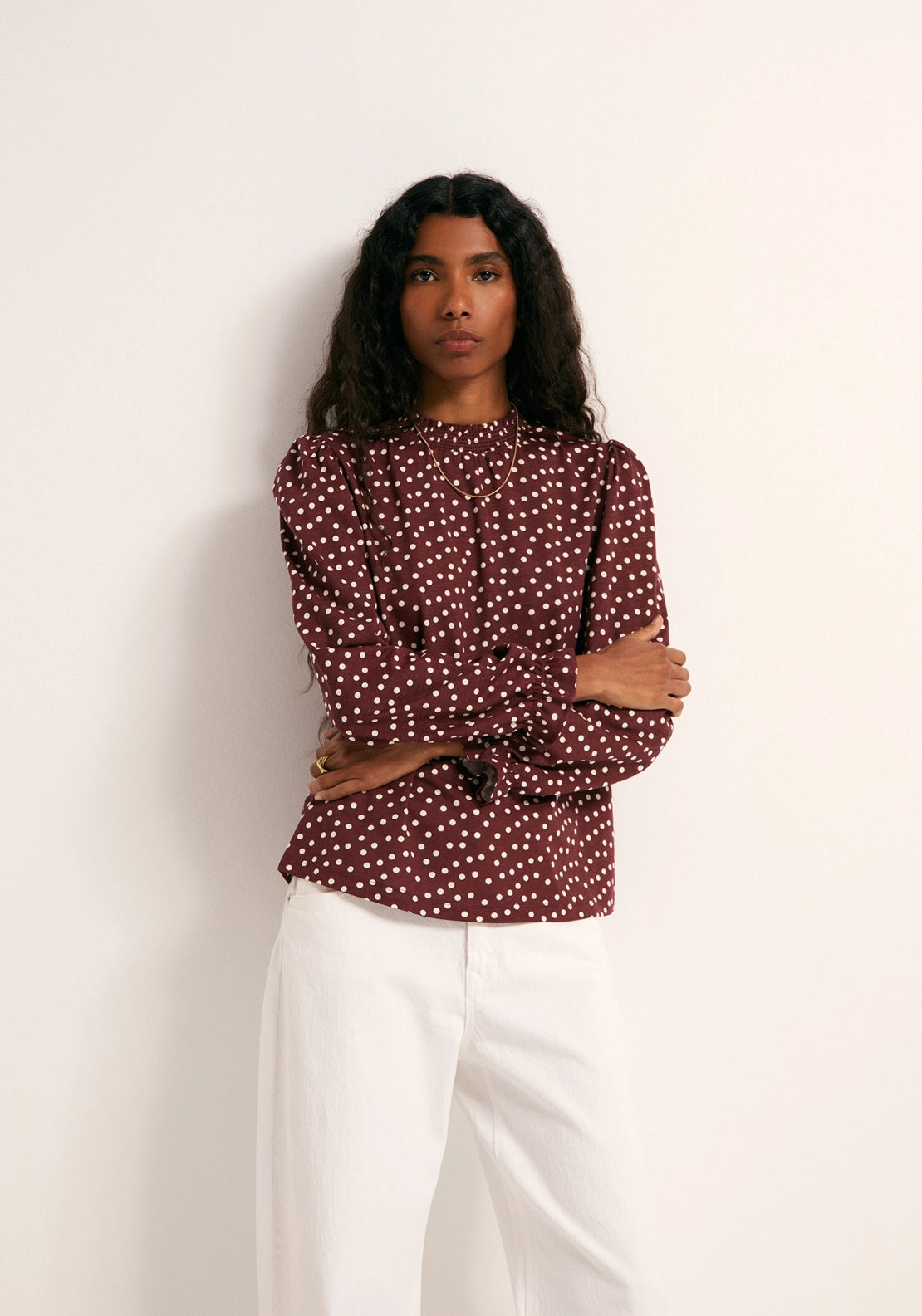 Printed Ruffle Cuff Top - Red