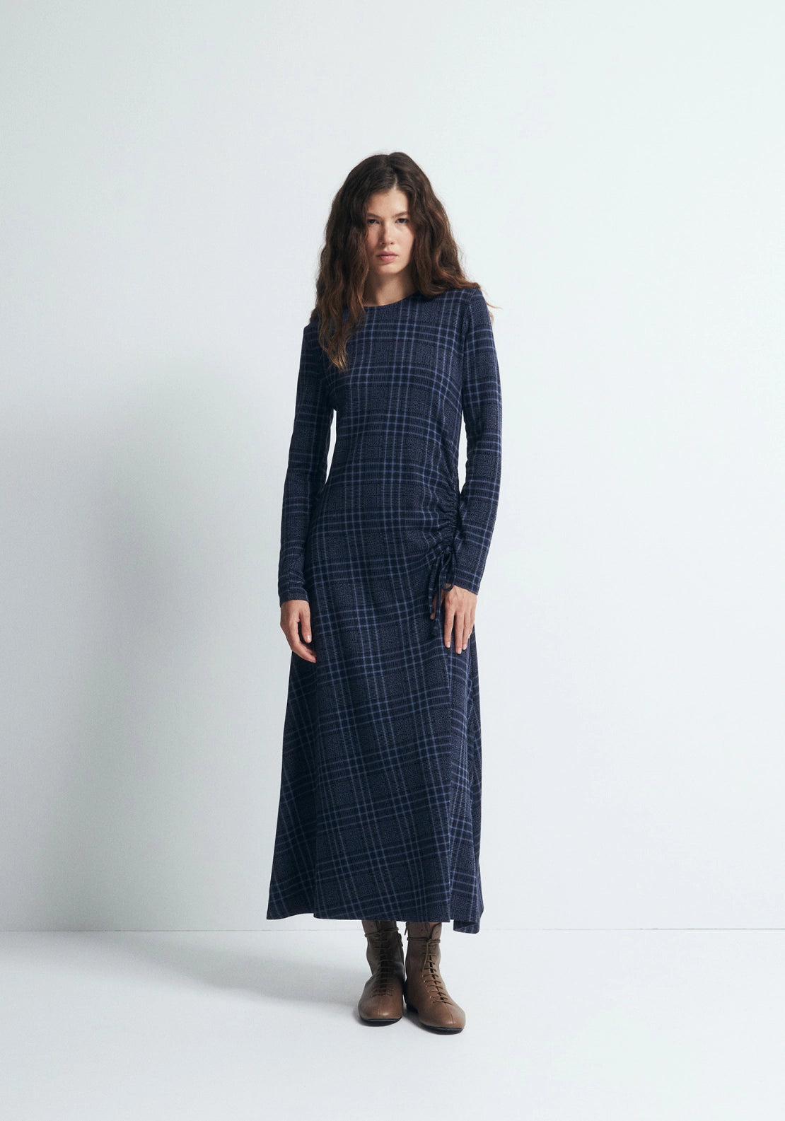 Draped Check Dress - Blue