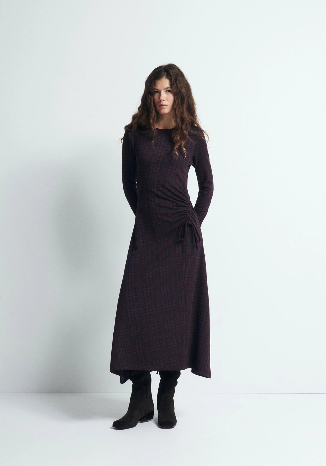 Draped Check Dress - Red