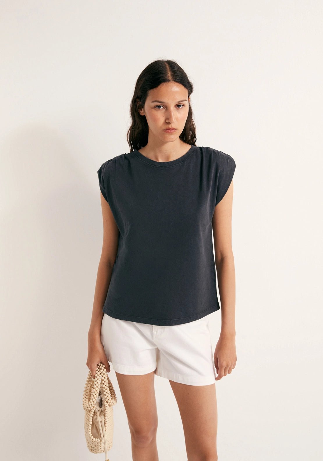 Faded Ruched Shoulder Top - Grey