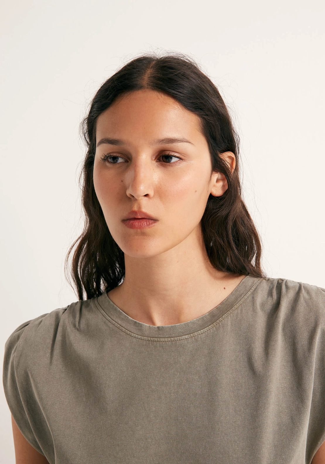 Faded Ruched Shoulder Top - Beige