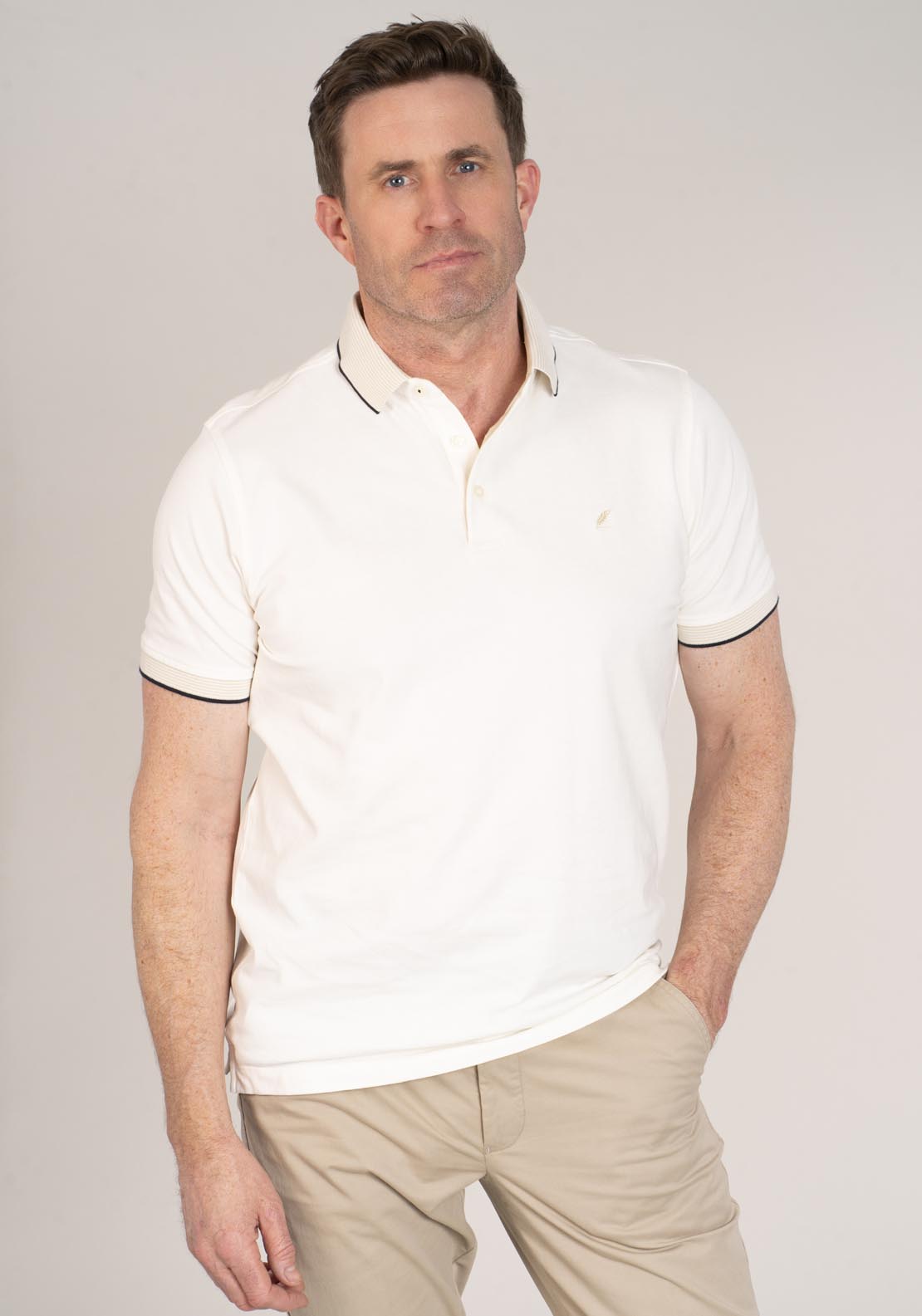 Yeats Plain 3-Button Polo - Beige 1 Shaws Department Stores