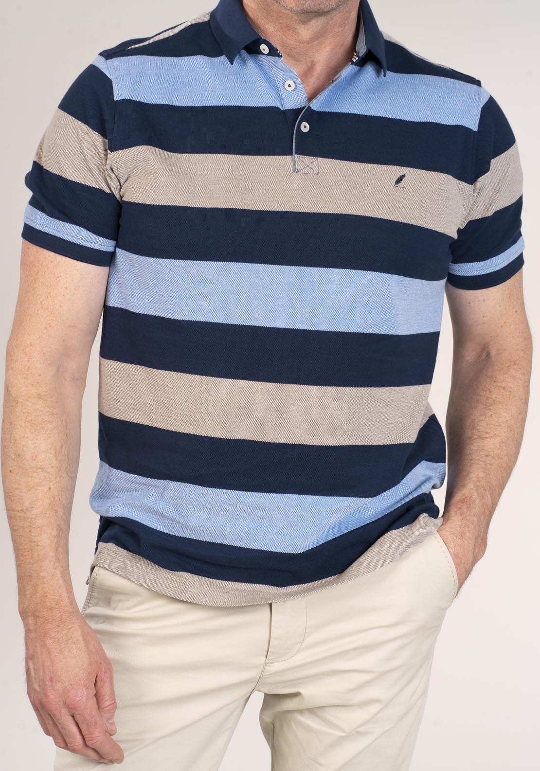 Yeats 3-Button Stripe Polo Shirt - Beige 1 Shaws Department Stores