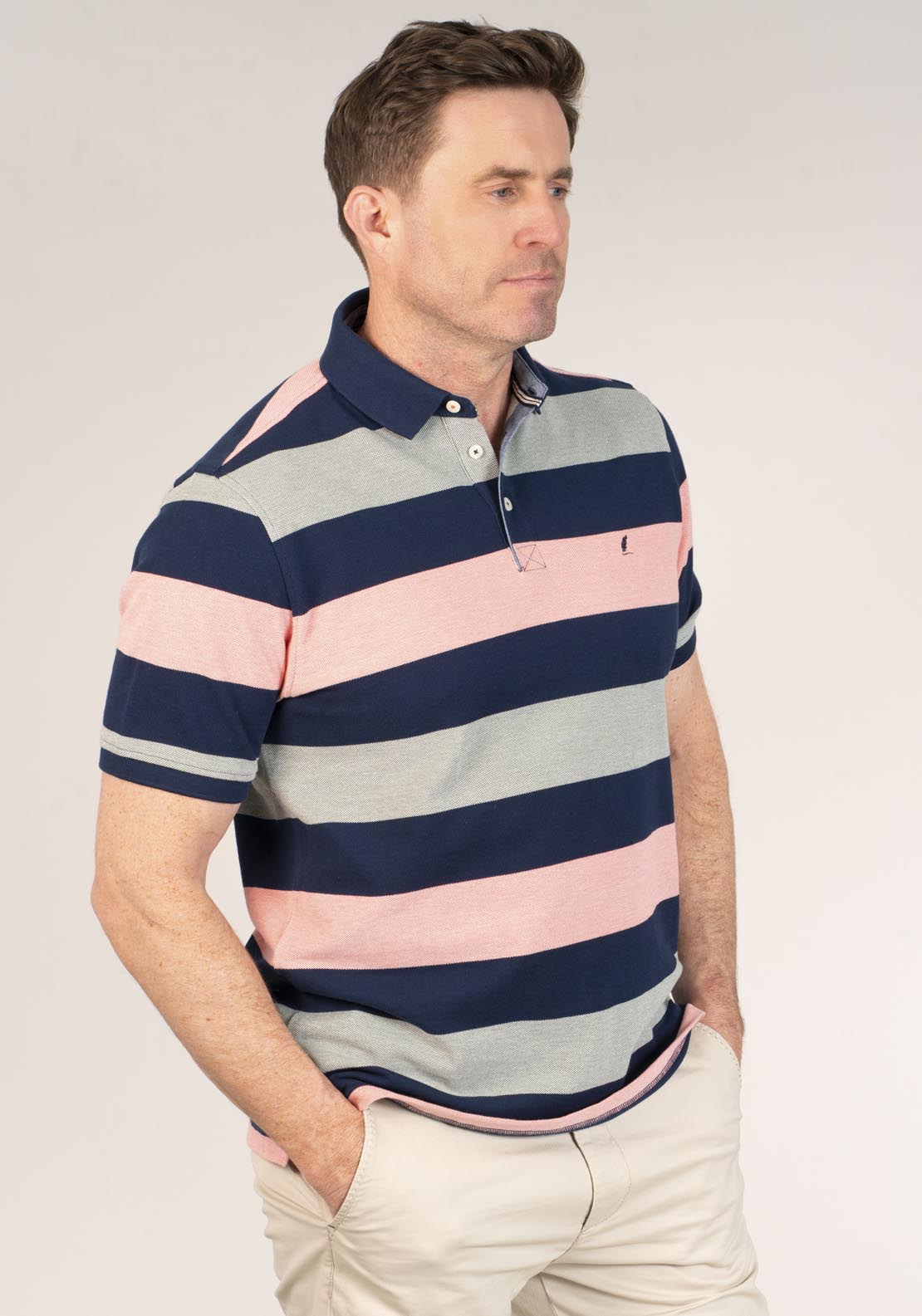 Yeats 3-Button Stripe Polo Shirt - Green 1 Shaws Department Stores