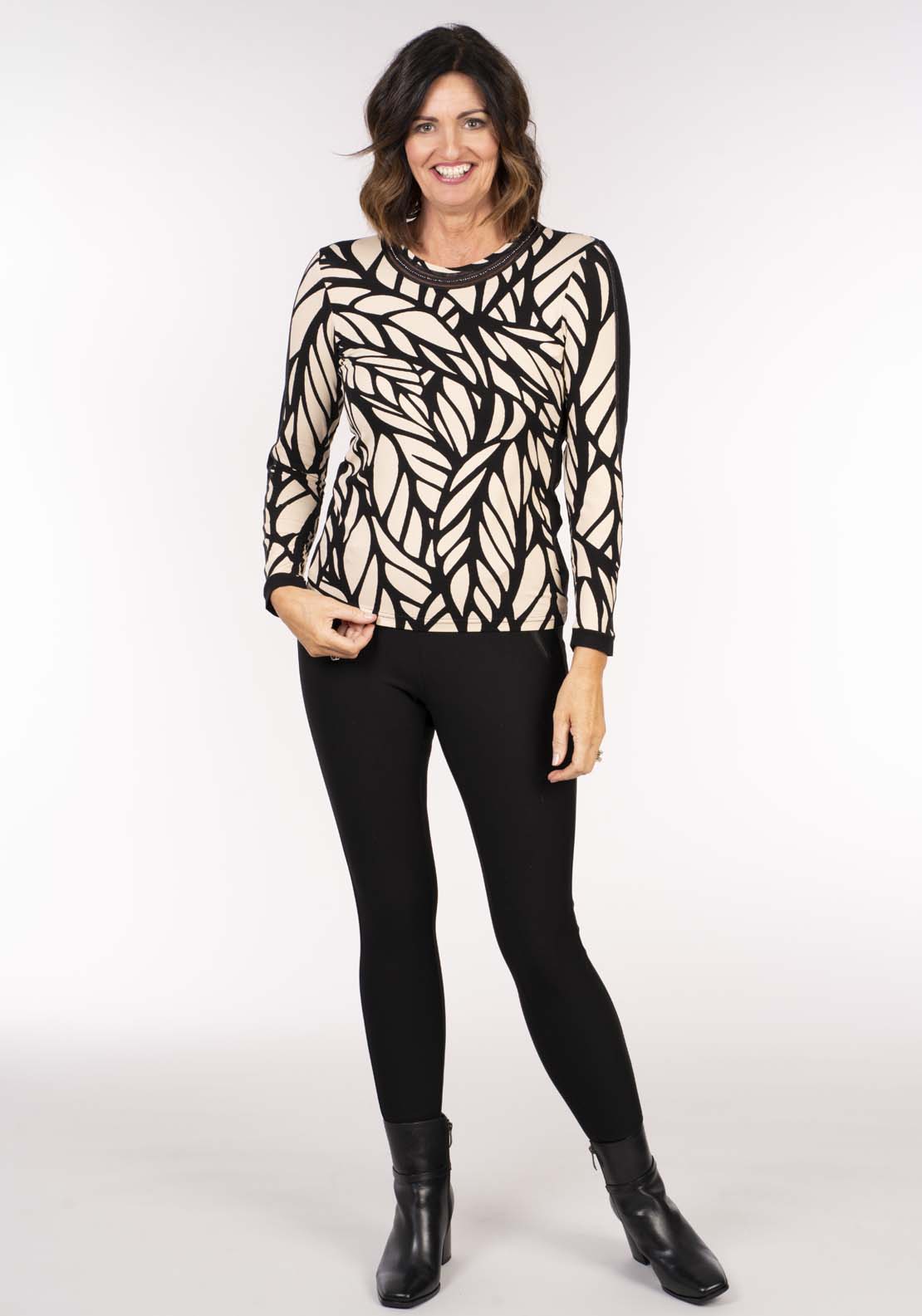 Tea Lane Mesh Neck Print Top - Black 6 Shaws Department Stores