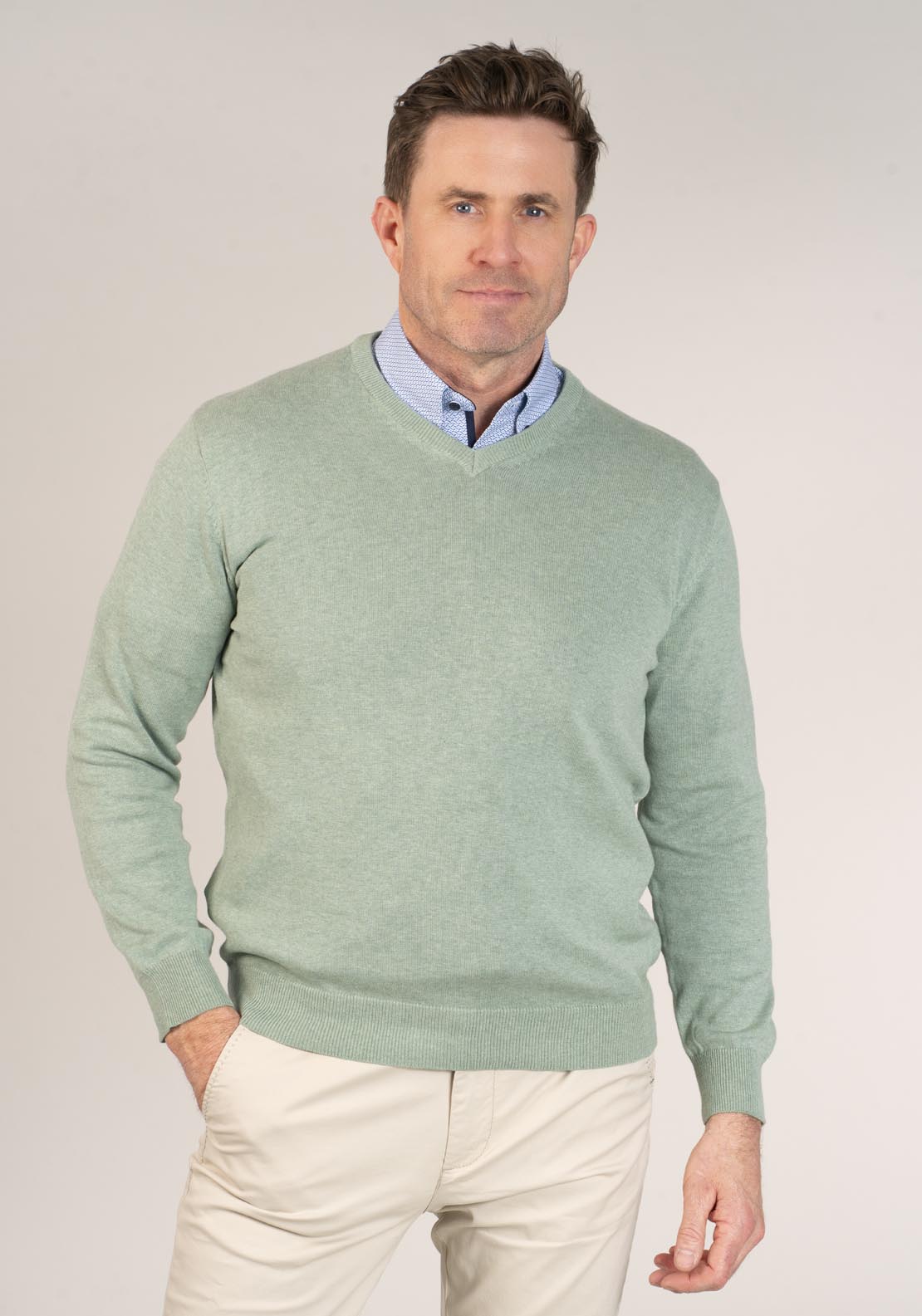 Yeats 100% Cotton V-Neck Knit - Green 1 Shaws Department Stores