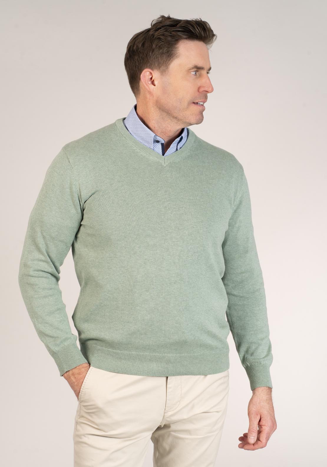 Yeats 100% Cotton V-Neck Knit - Green 4 Shaws Department Stores